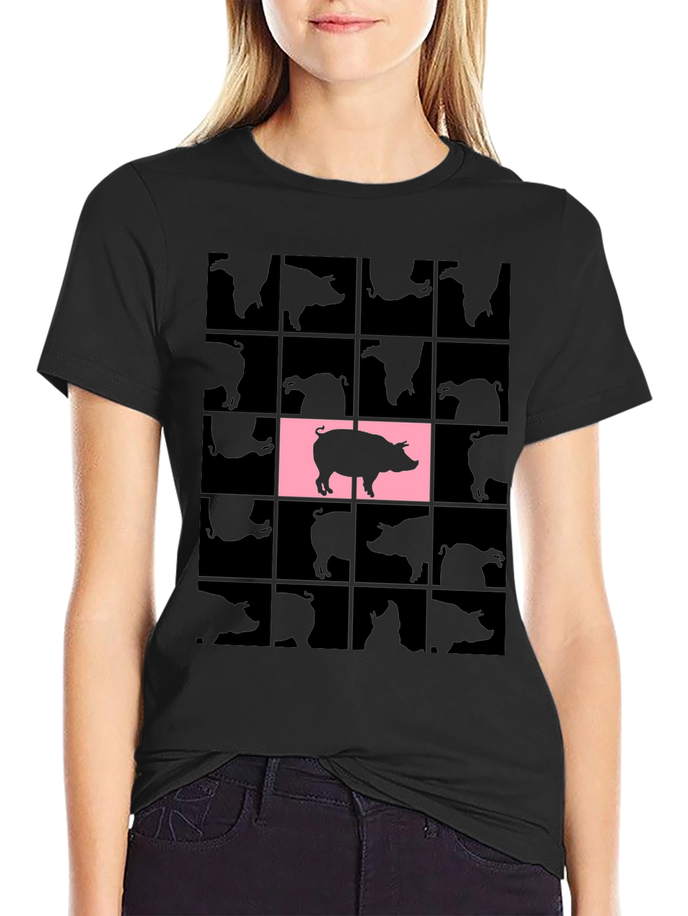 Black Pig Grid T-Shirt - Unique Graphic Tee view 2