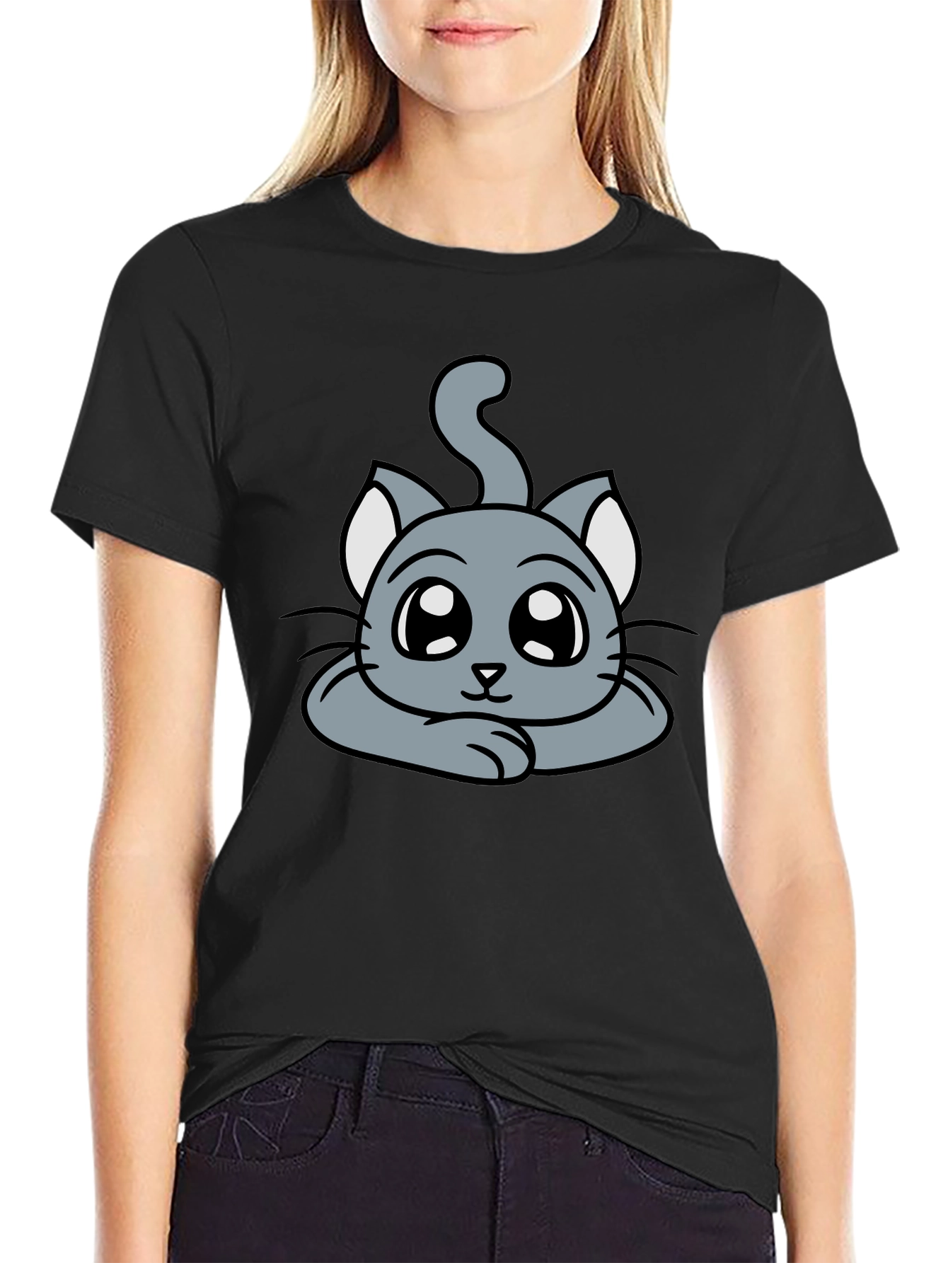 Black Cute Cartoon Cat Graphic T-Shirt - Black view 2