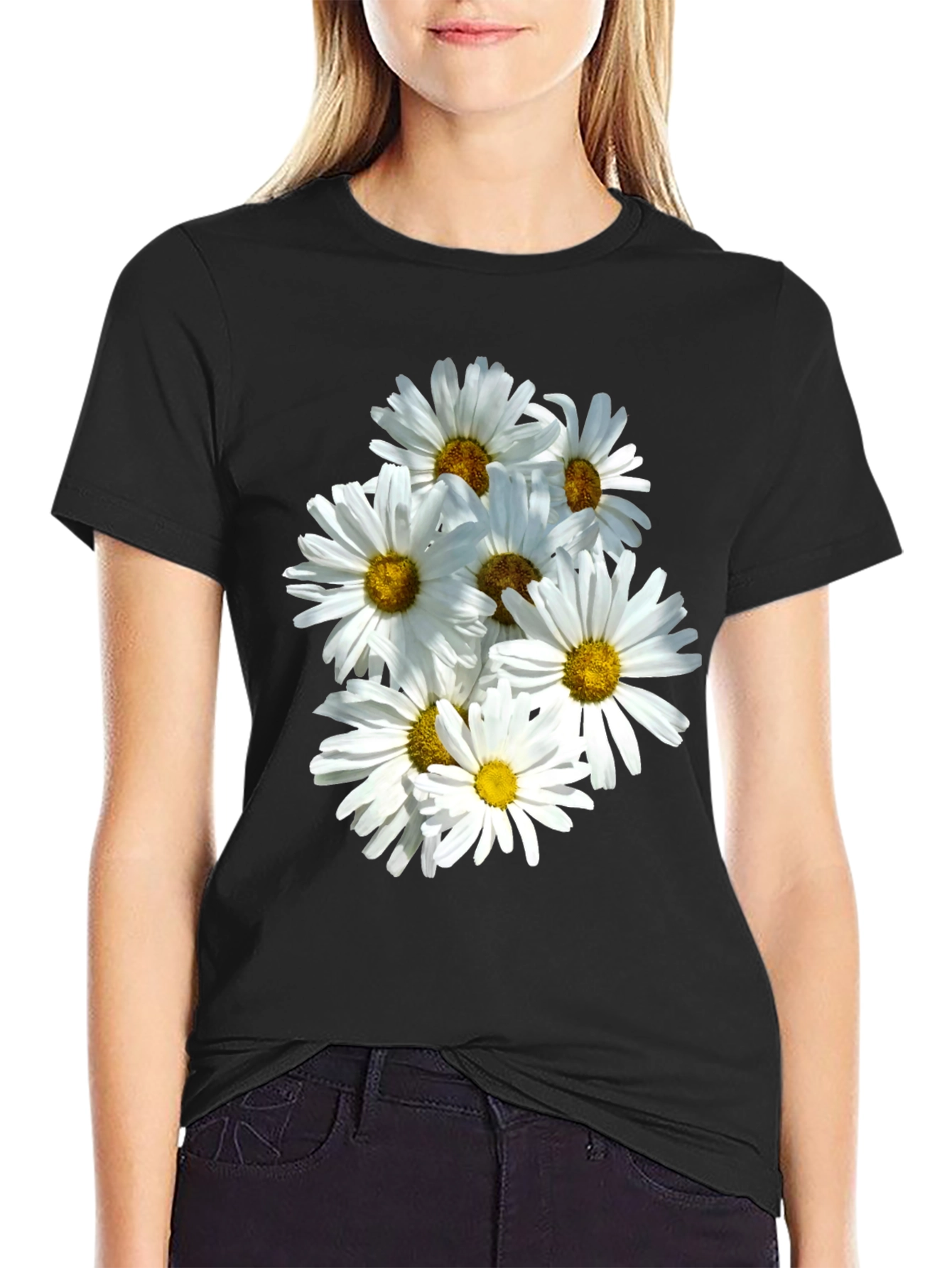 Black Daisy Flower T-Shirt - Black Cotton Graphic Tee view 2