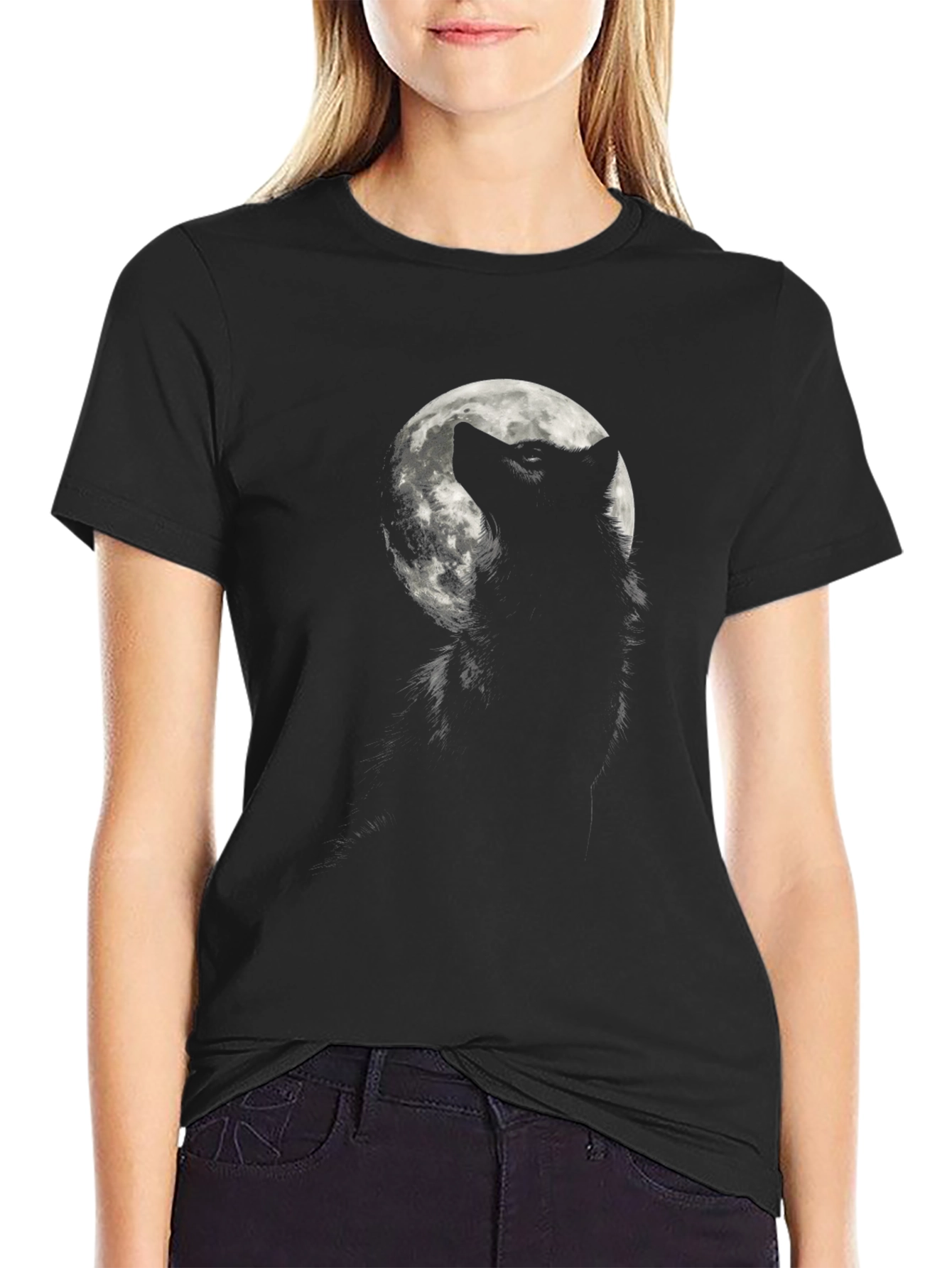 Black Wolf Moon Graphic Tee - Black Cotton T-Shirt view 2