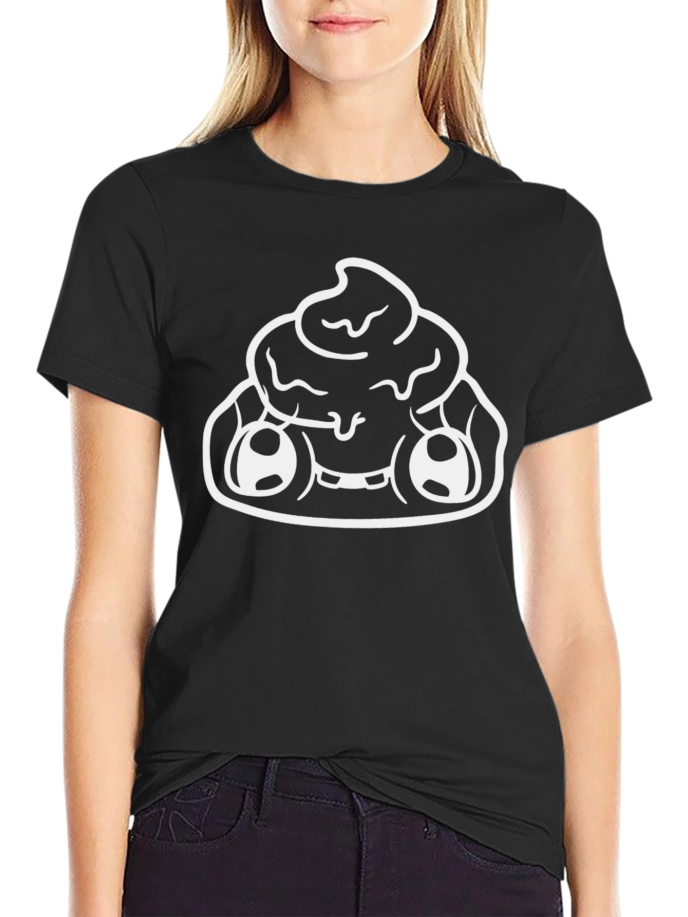 Black Funny Poop Emoji Graphic Print Black T-Shirt view 2