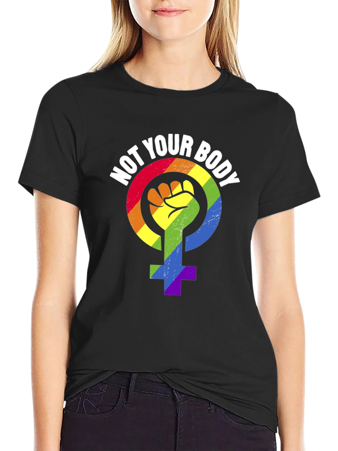 Black Not Your Body T-Shirt - Rainbow Feminist Symbol view 2