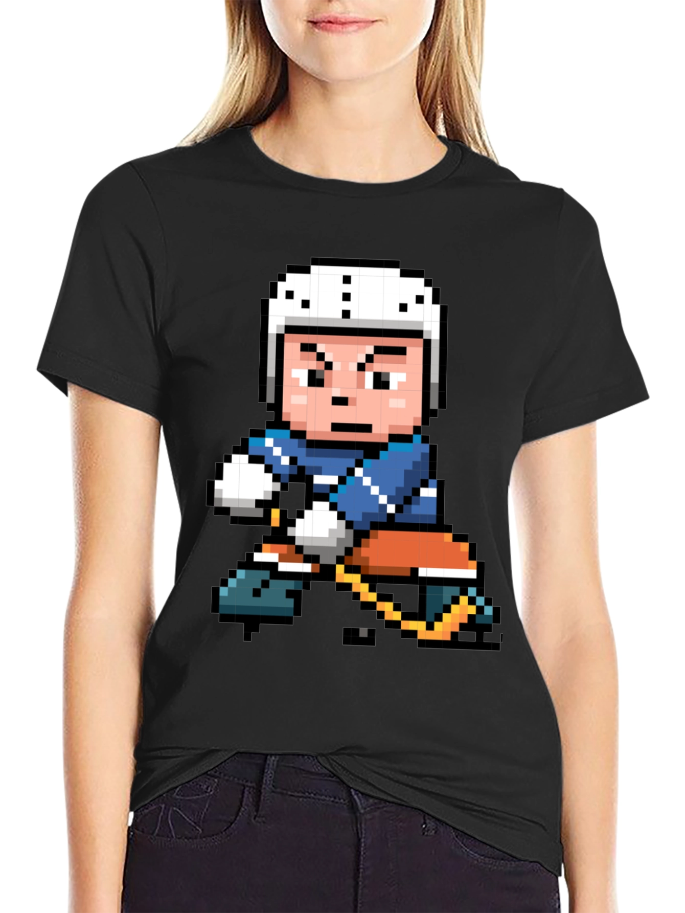 Black Retro Pixel Hockey Player Graphic T-Shirt view 2