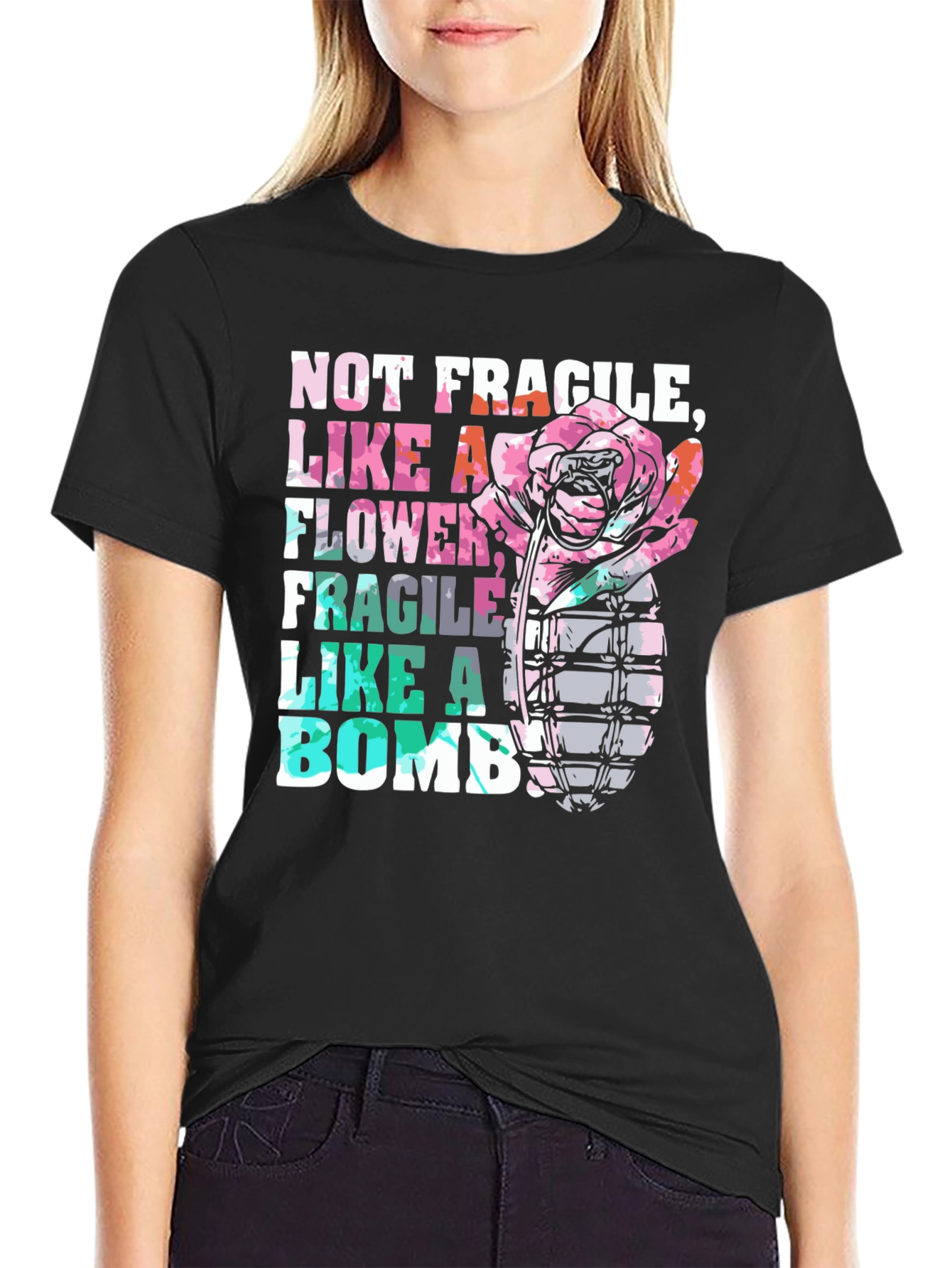 Black Not Fragile Like a Flower Bomb Graphic Tee view 2