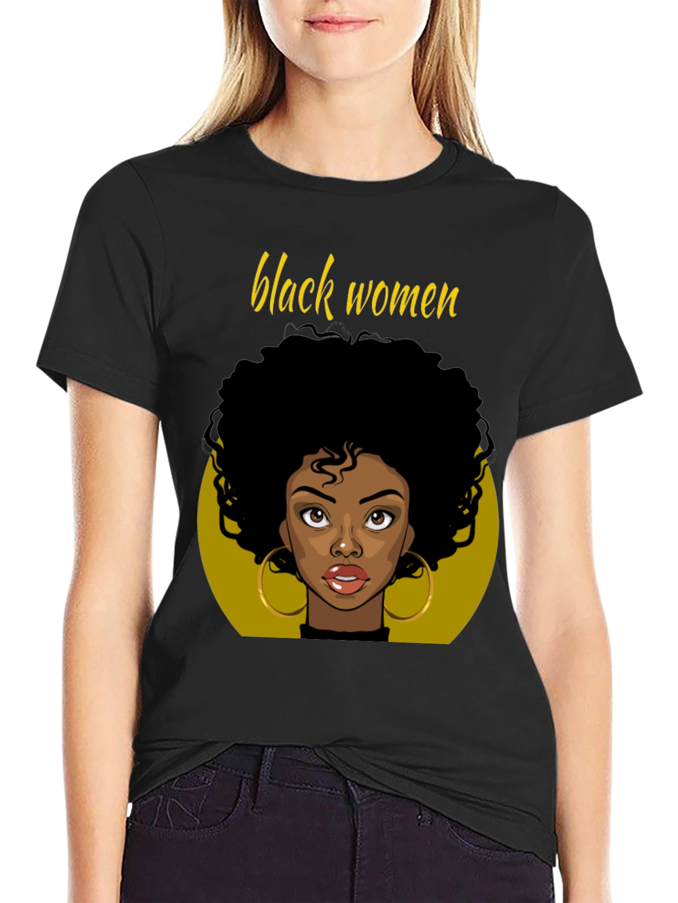 Black Black Women Graphic Tee - Afro Hair, Gold Earrings view 2