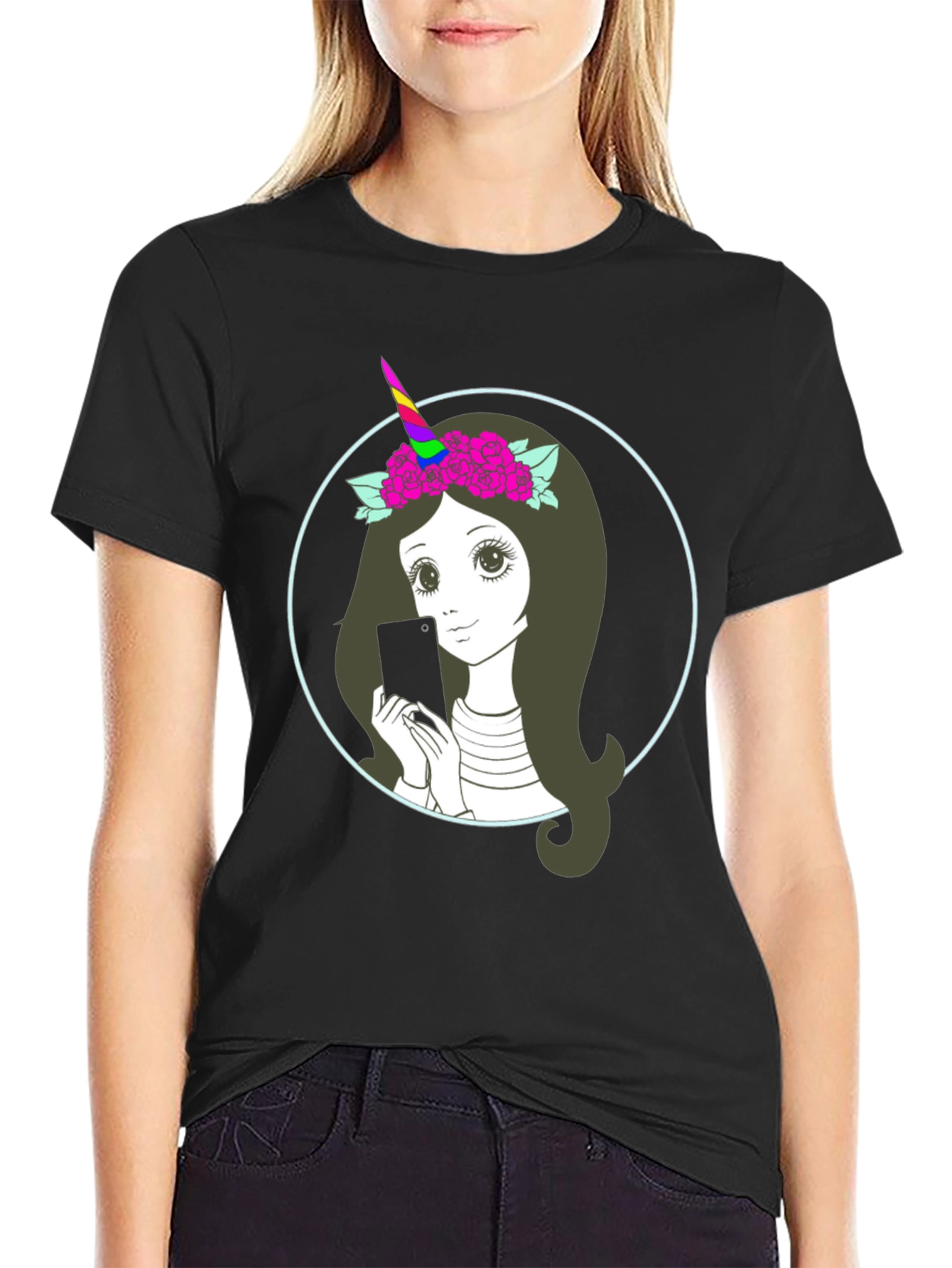 Black Unicorn Girl Graphic Tee - Black Cotton Blend view 2