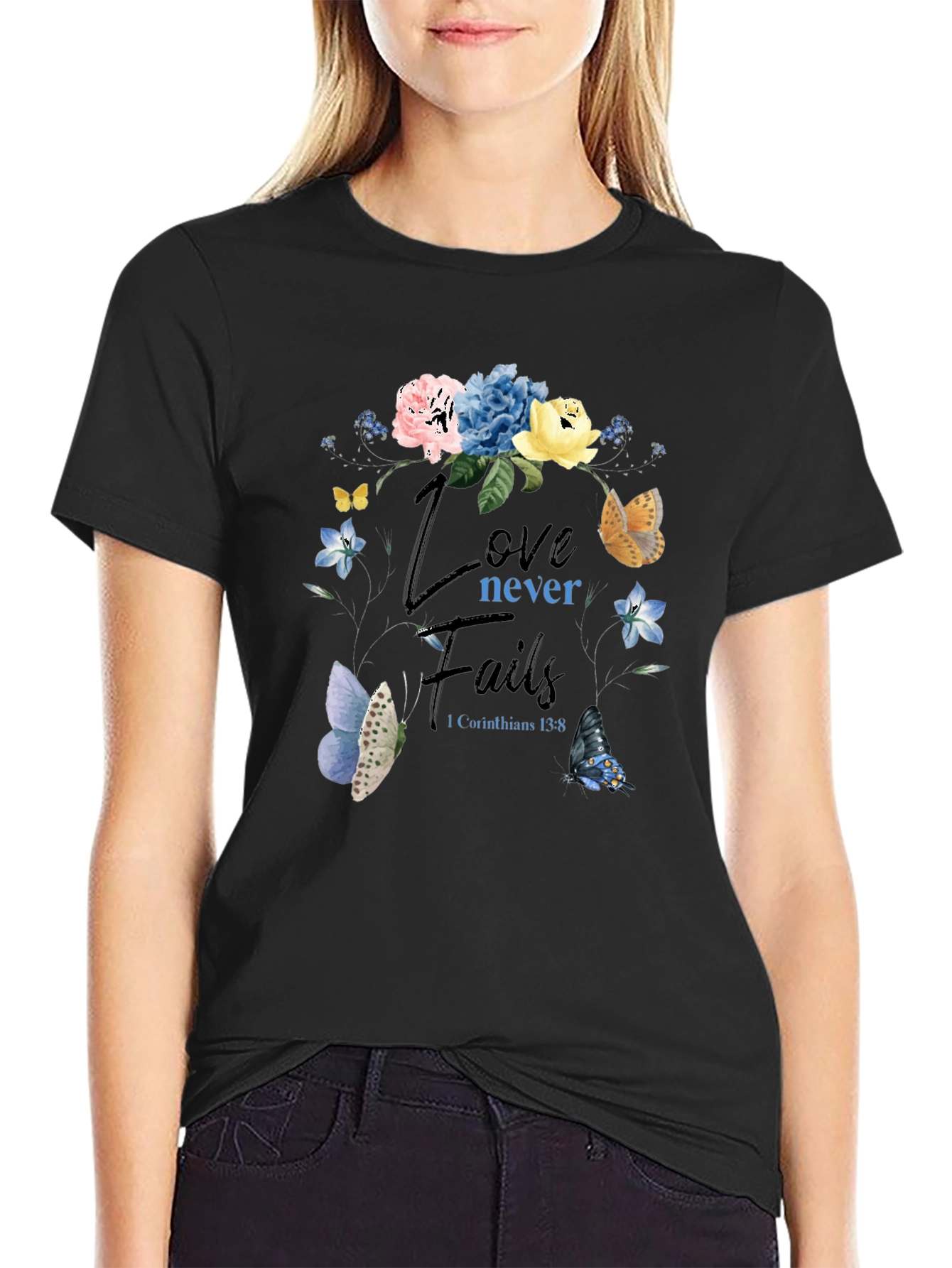 Black Love Never Fails Floral Butterfly T-Shirt view 2