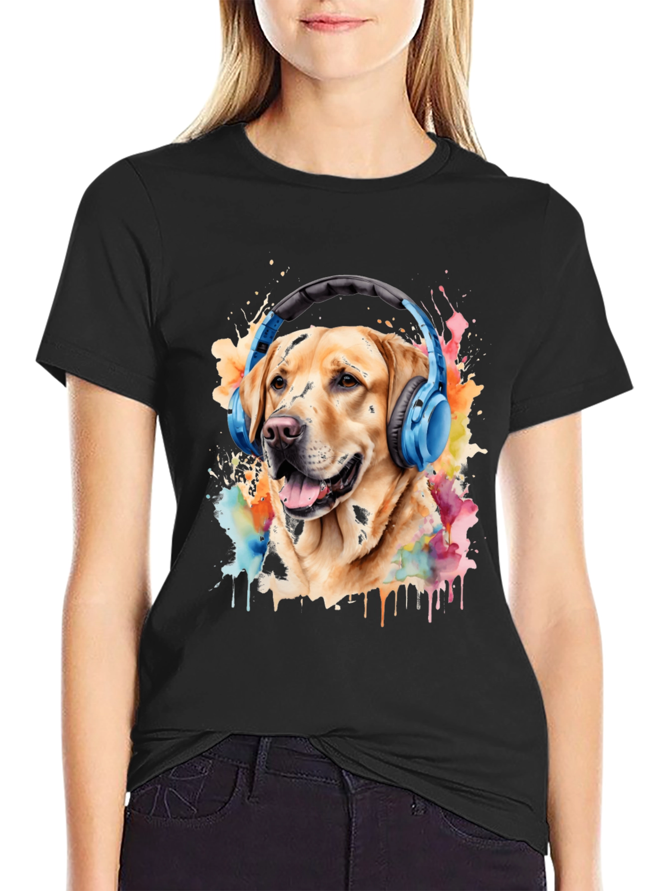 Black Dog with Headphones Graphic Tee - Men's Black T-Shirt view 2