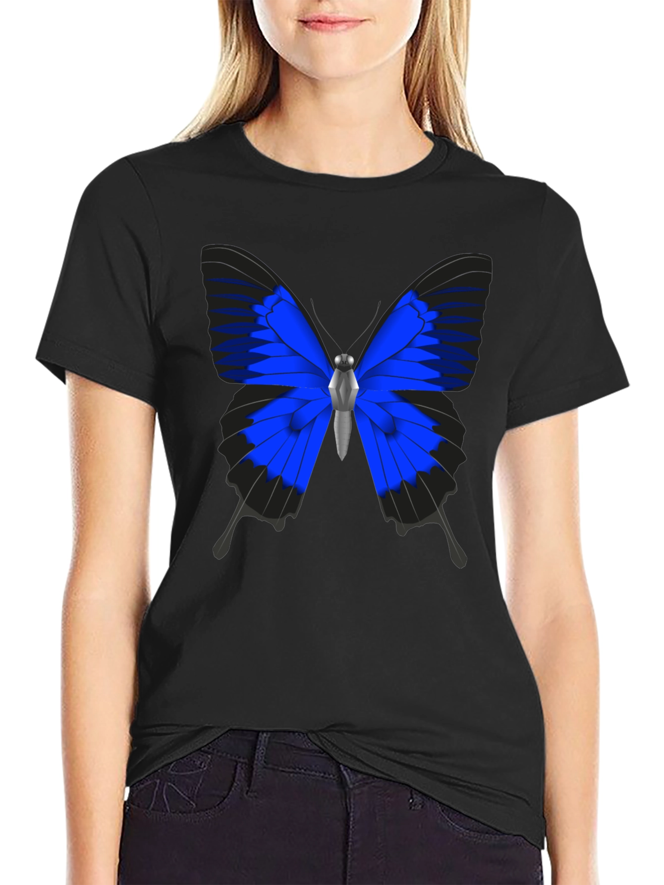 Black Blue Butterfly Graphic Black T-Shirt view 2