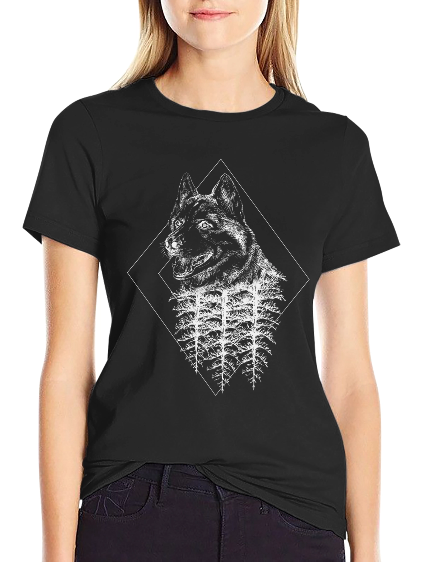 Black Wolf & Forest Graphic Black T-Shirt view 2