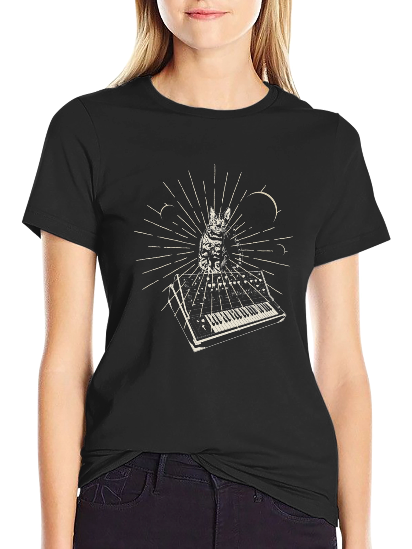 Black Cat Keyboard T-Shirt - Black Cotton Blend view 2