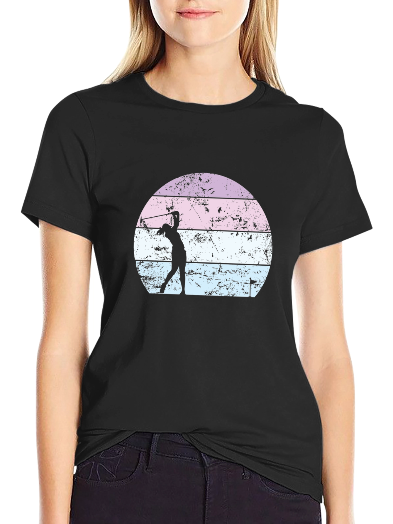 Black Retro Golfer T-Shirt - Vintage Sunset Design view 2