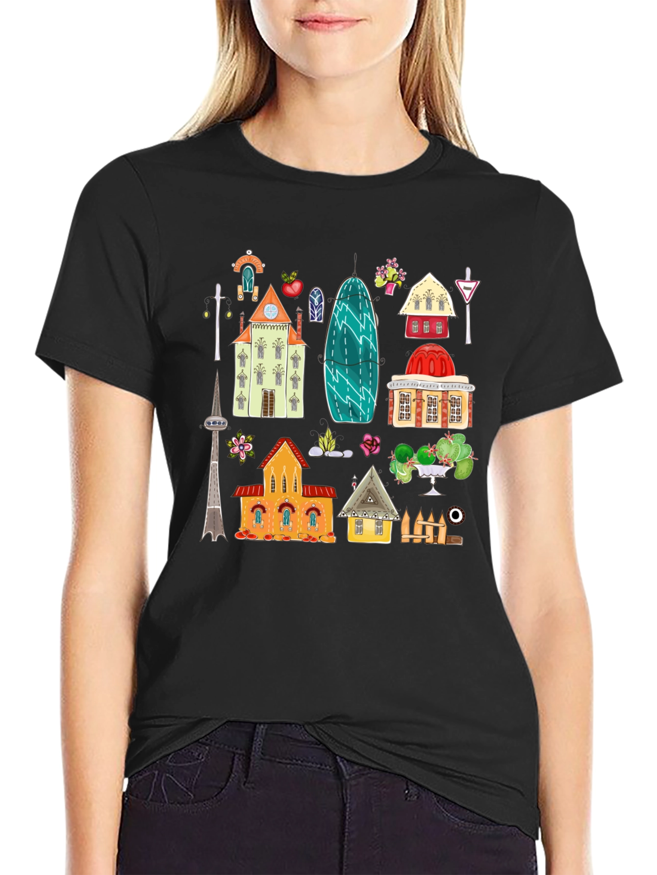 Black Cute Buildings Graphic Black T-Shirt view 2