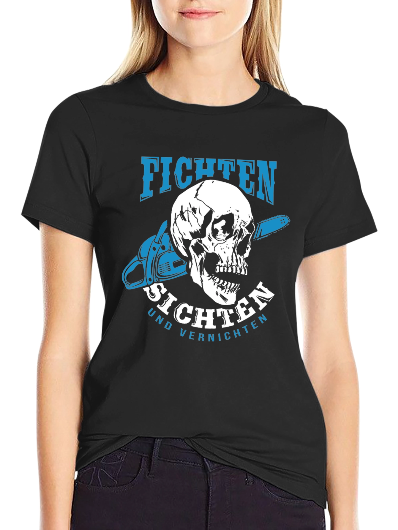 Black Fichten T-Shirt - Skull & Chainsaw Design view 2