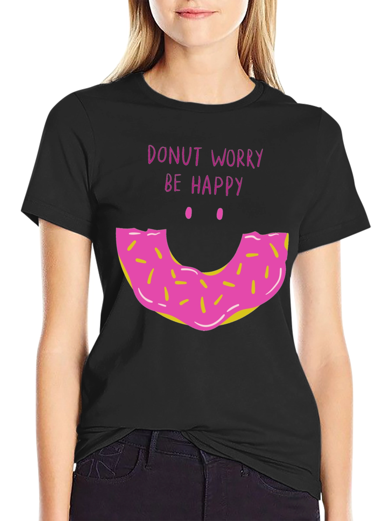 Black Donut Worry Be Happy Graphic T-Shirt view 2