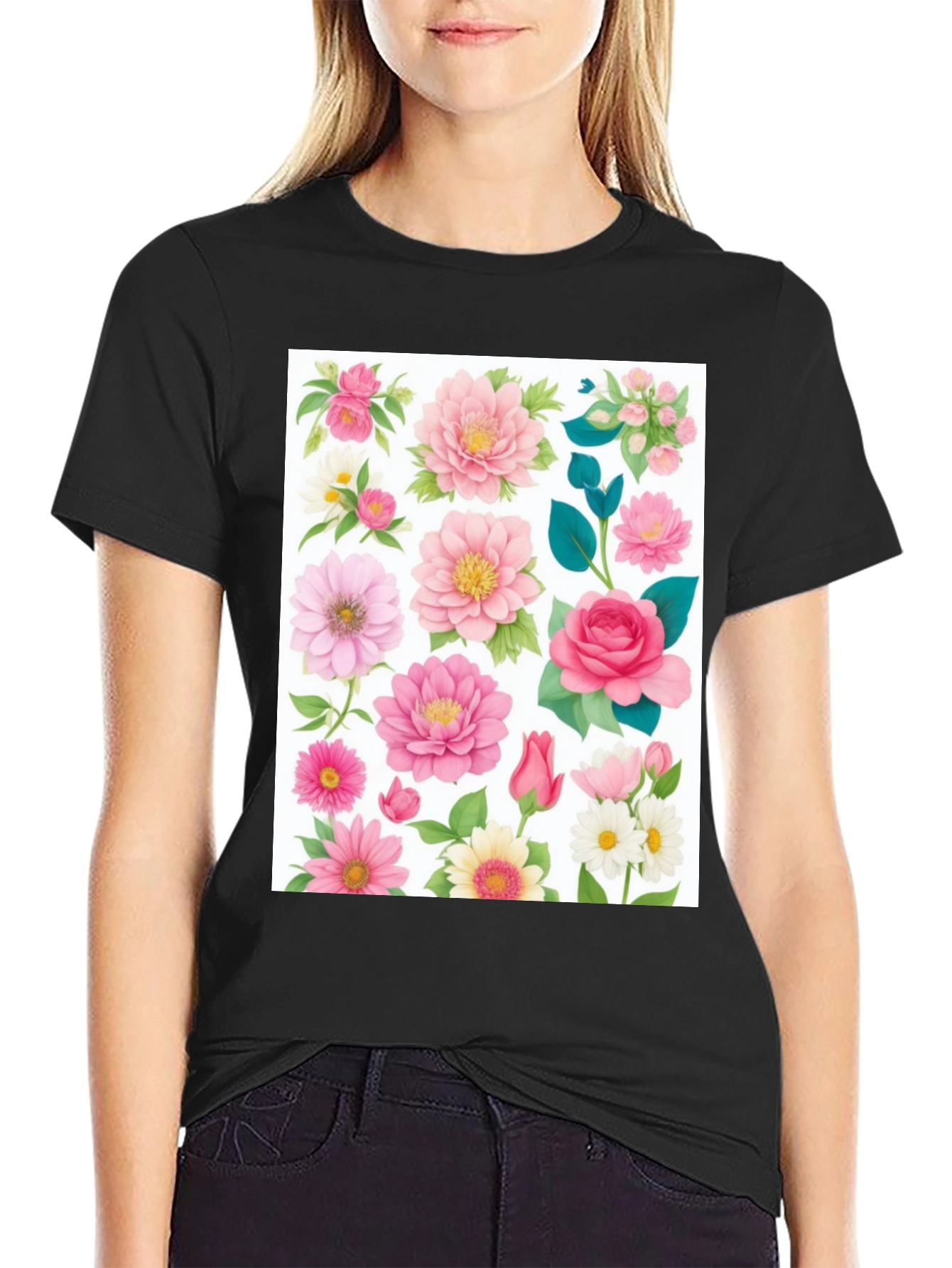 Black Floral Print Black T-Shirt view 2