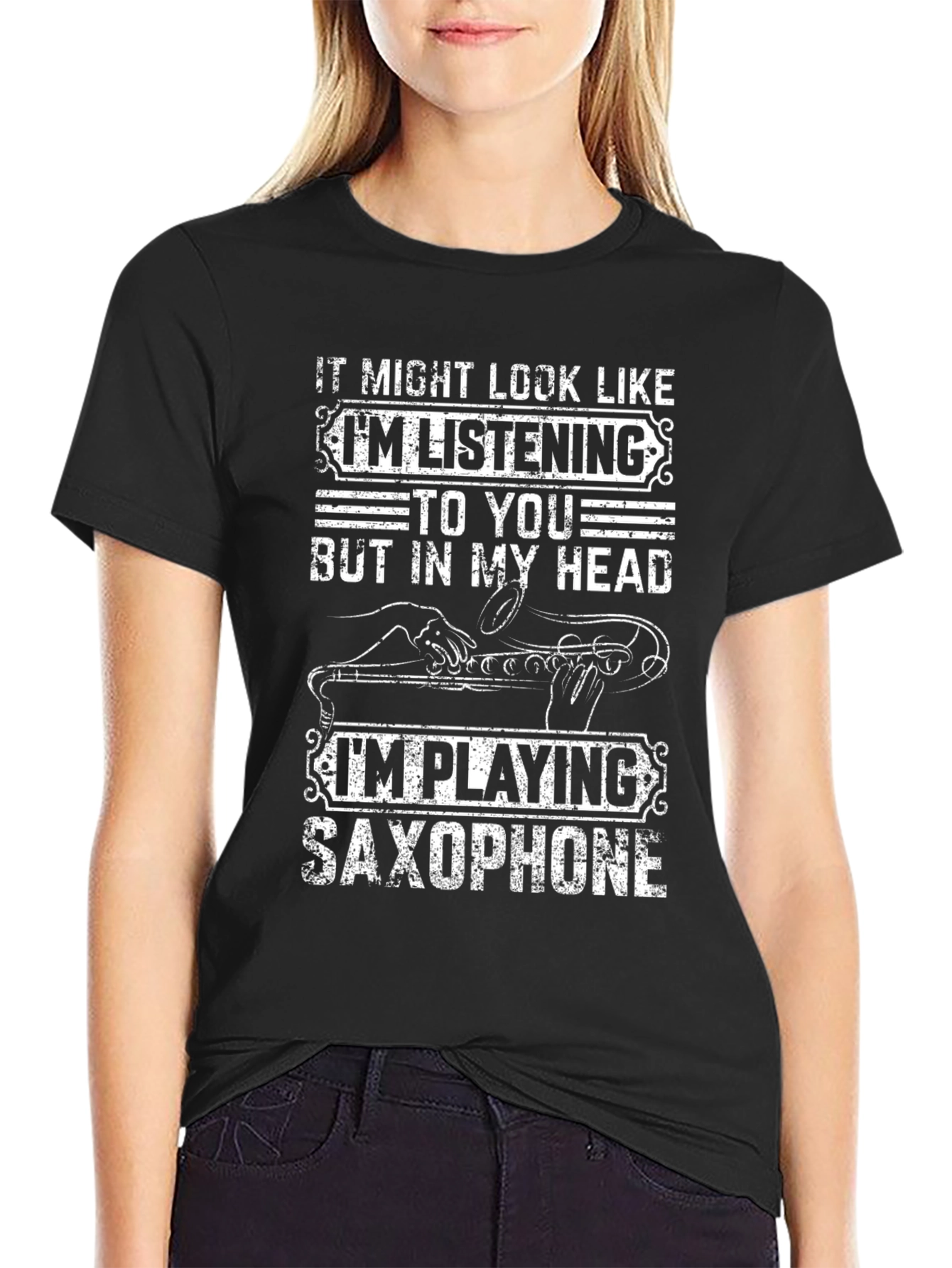 Black Saxophone Player T-Shirt: "I'm Playing Saxophone" view 2