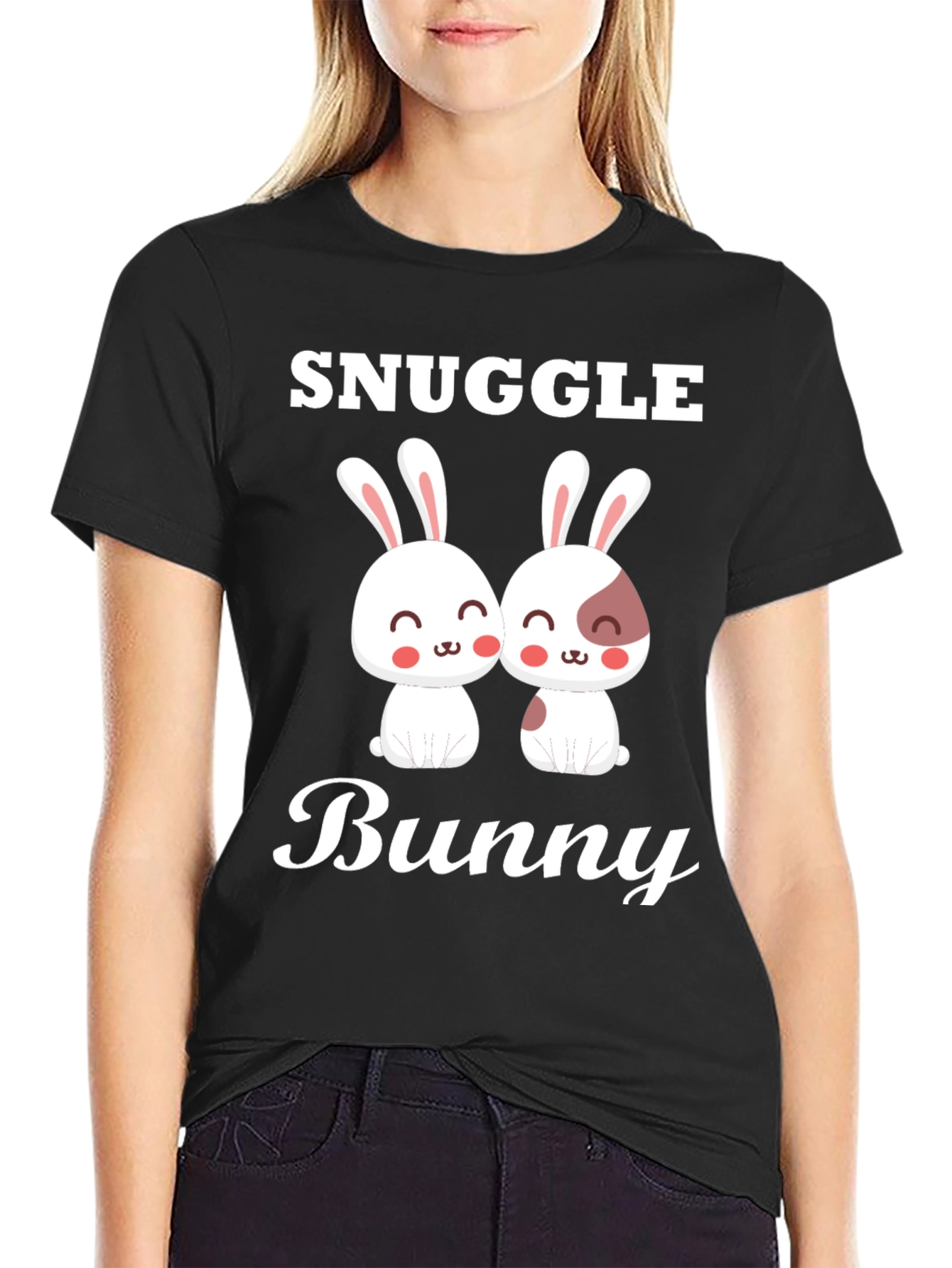 Black Snuggle Bunny Graphic Tee - Cute Couple Rabbits view 2