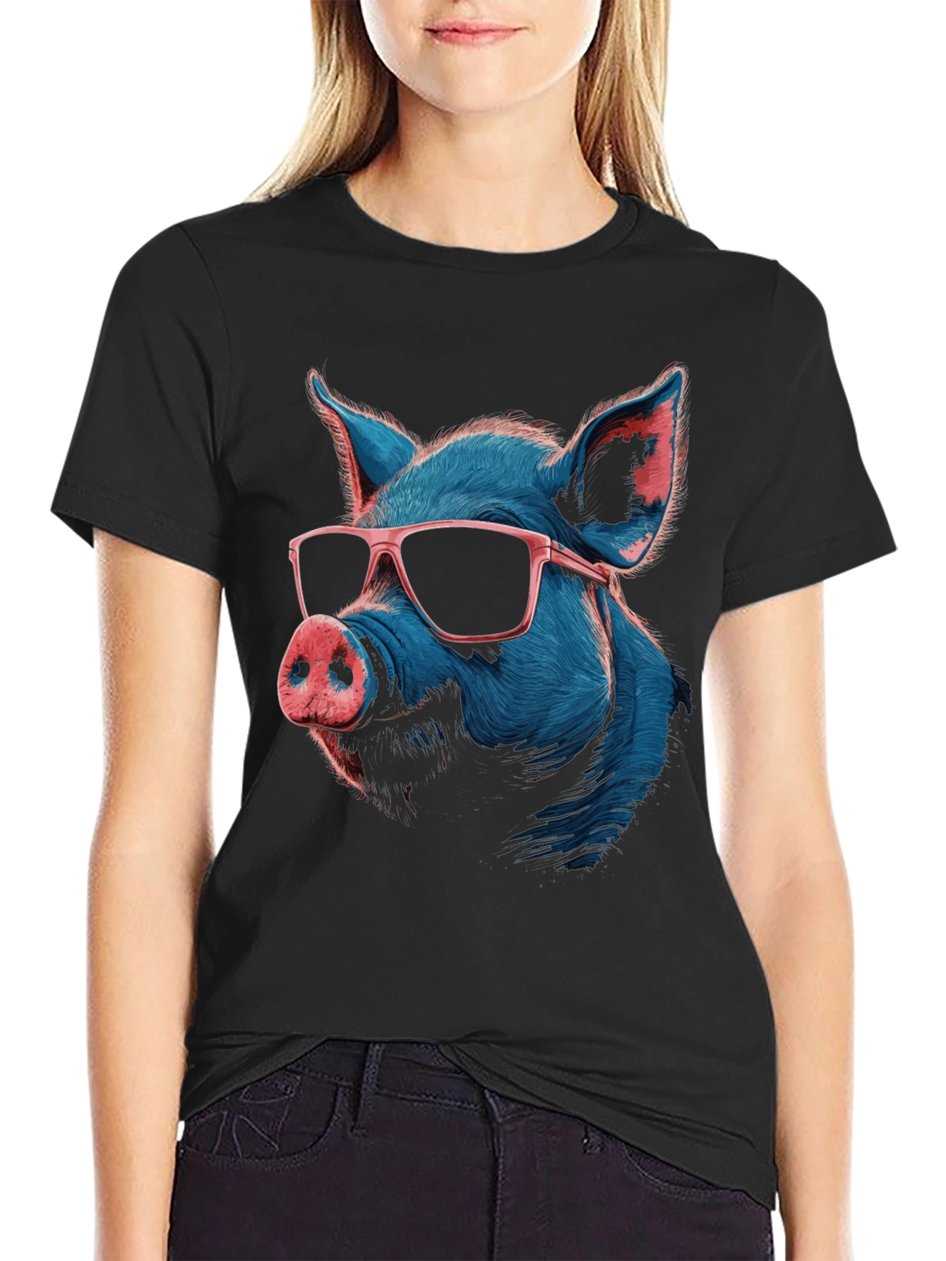 Black Cool Pig Graphic T-Shirt - Quirky Men's Tee view 2