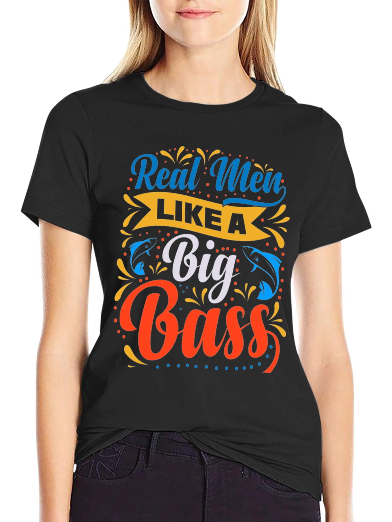 Black Real Men Like a Big Bass Fishing T-Shirt view 2