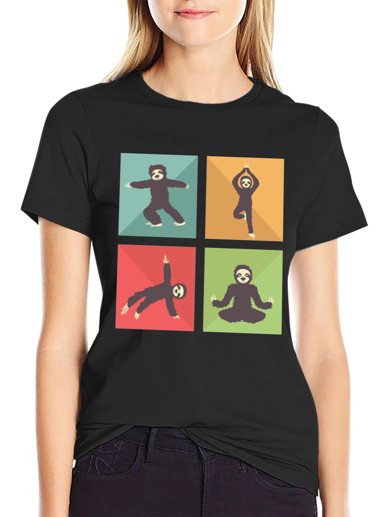 Black Sloth Yoga Poses T-Shirt Black Cotton Blend view 2
