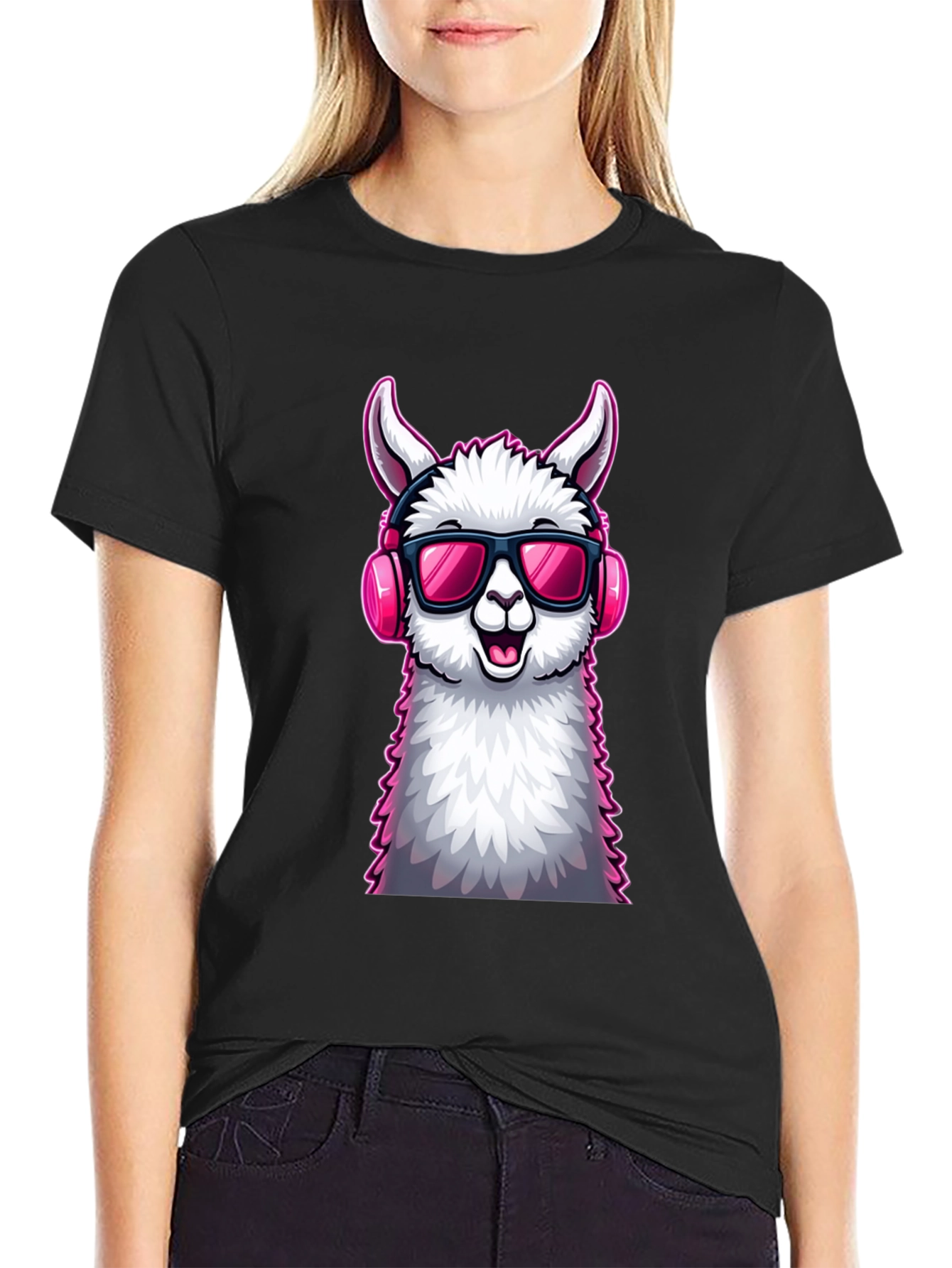 Black Cool Llama Graphic Tee - Black Cotton T-Shirt view 2
