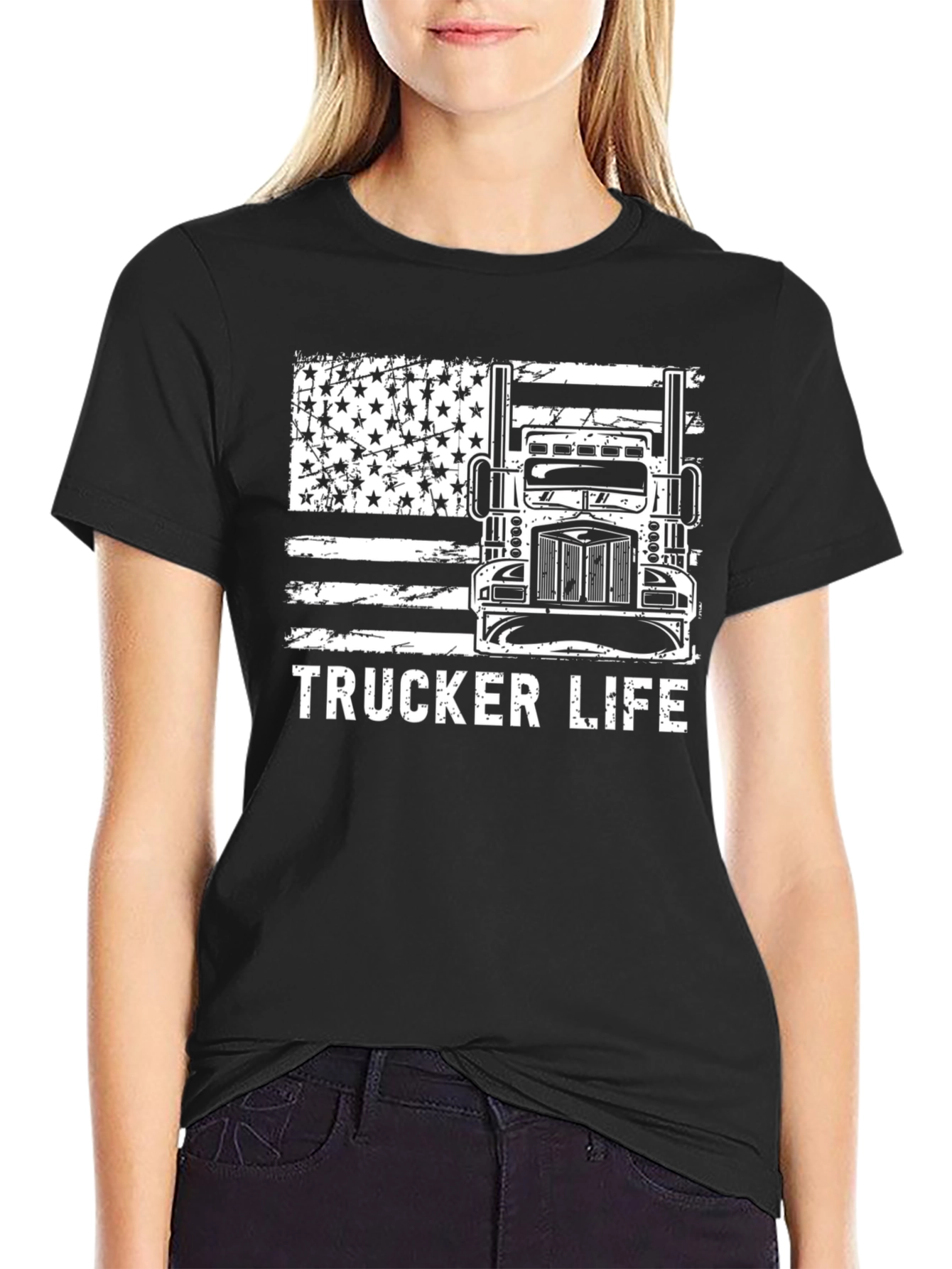 Black Trucker Life American Flag Graphic Tee view 2