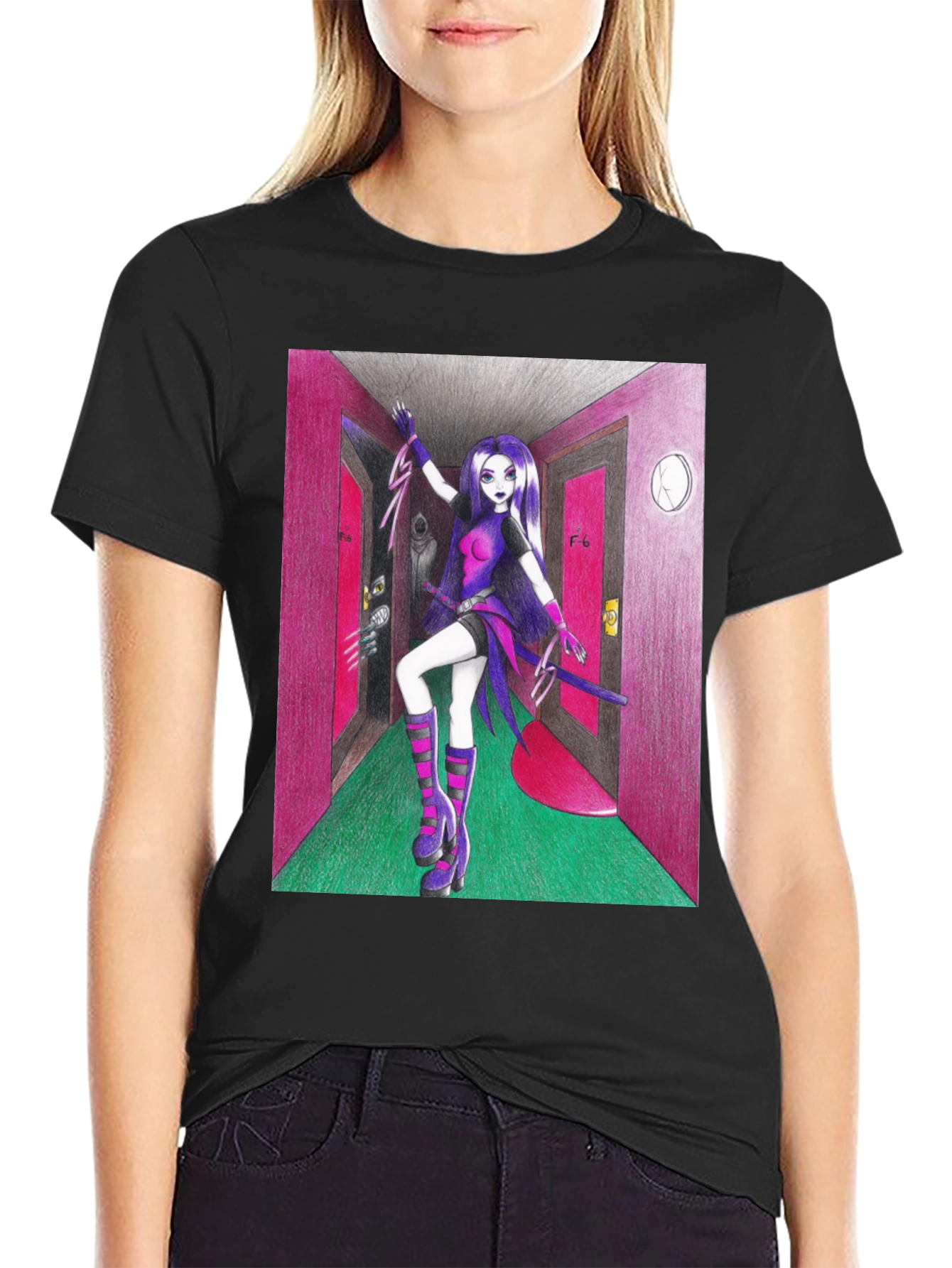Black Anime Girl in Hallway Graphic Tee view 2