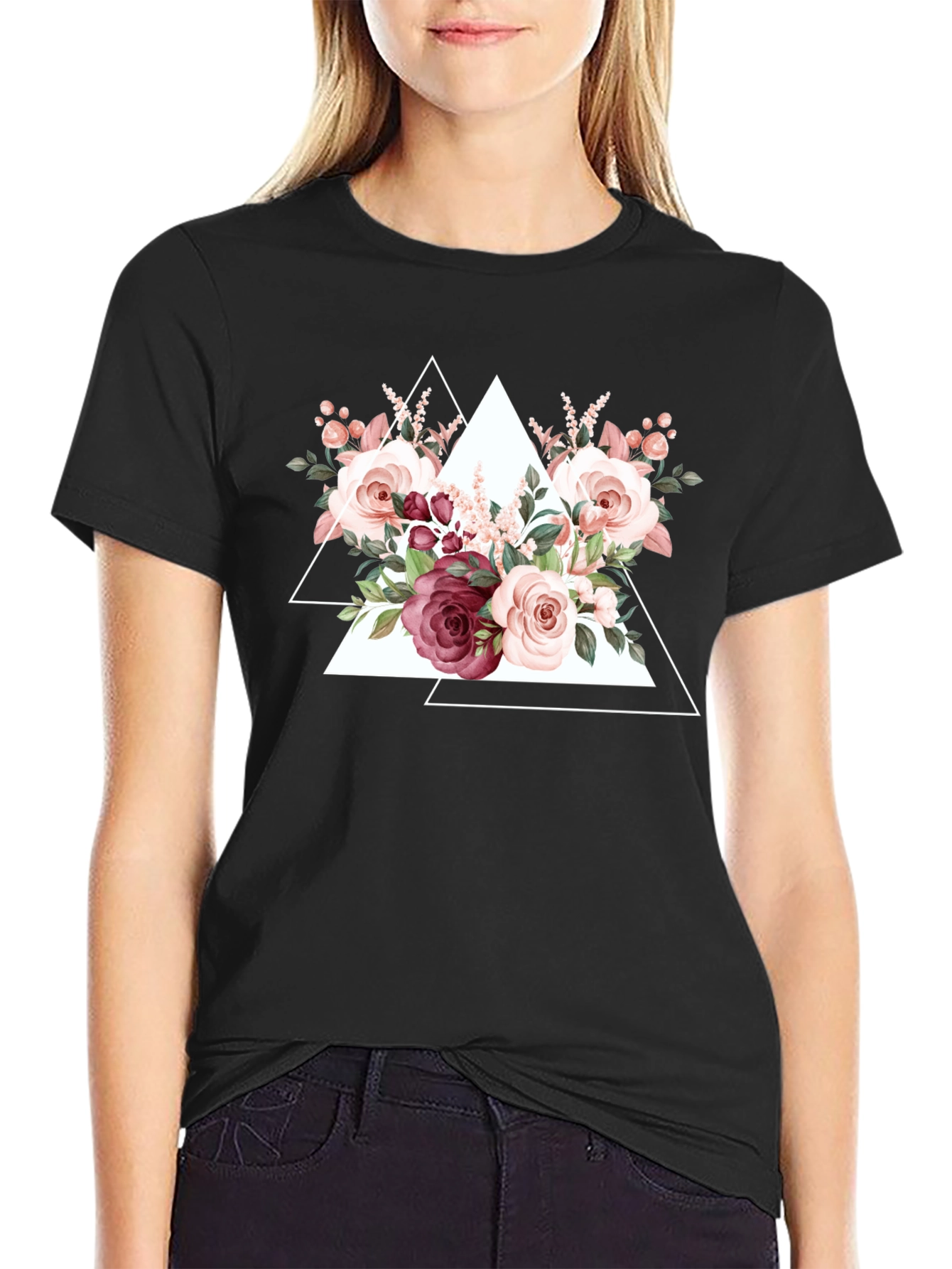 Black Floral Triangle Graphic Tee - Black view 2