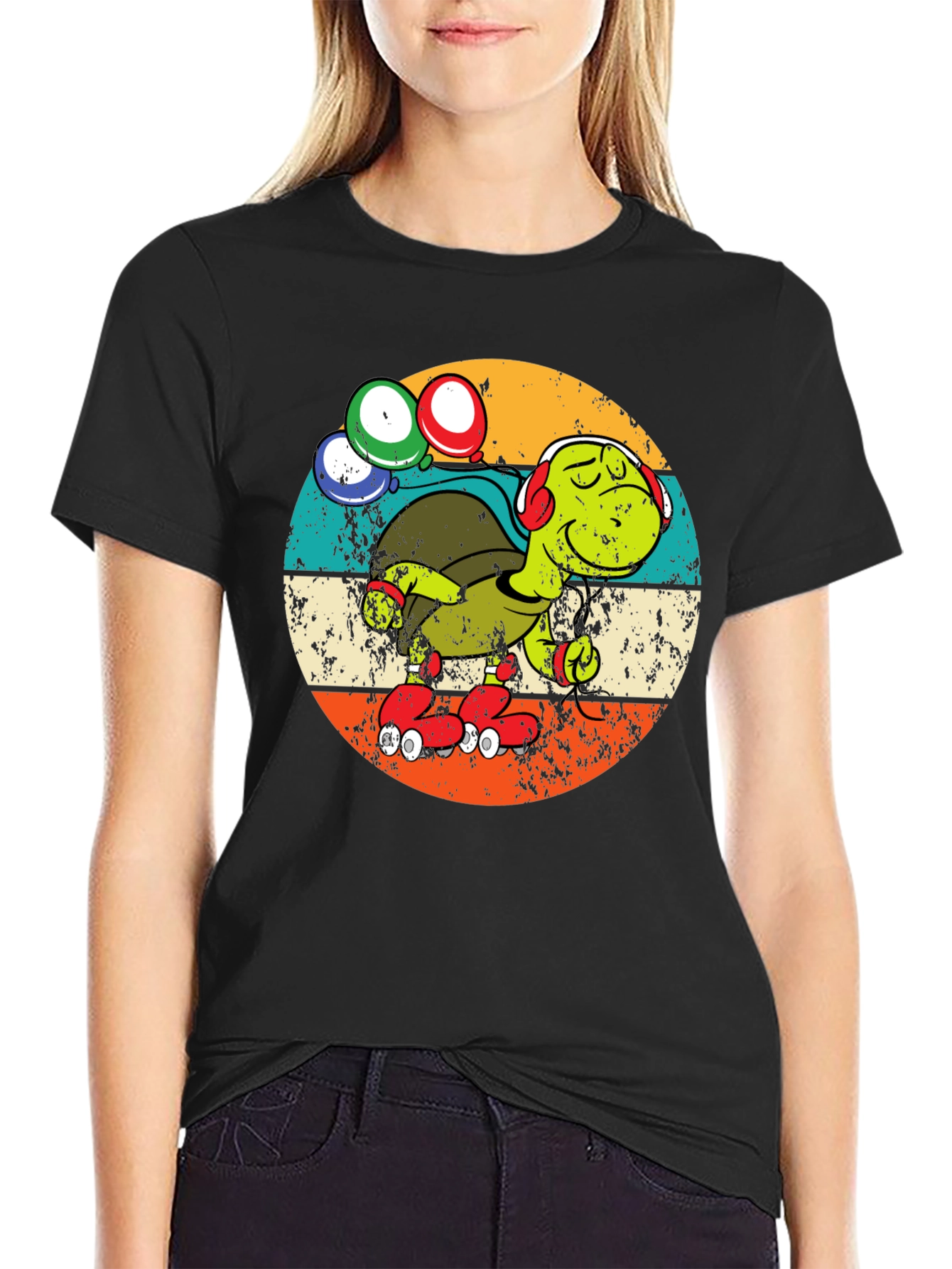 Black Turtle Retro Roller Skate T-Shirt view 2
