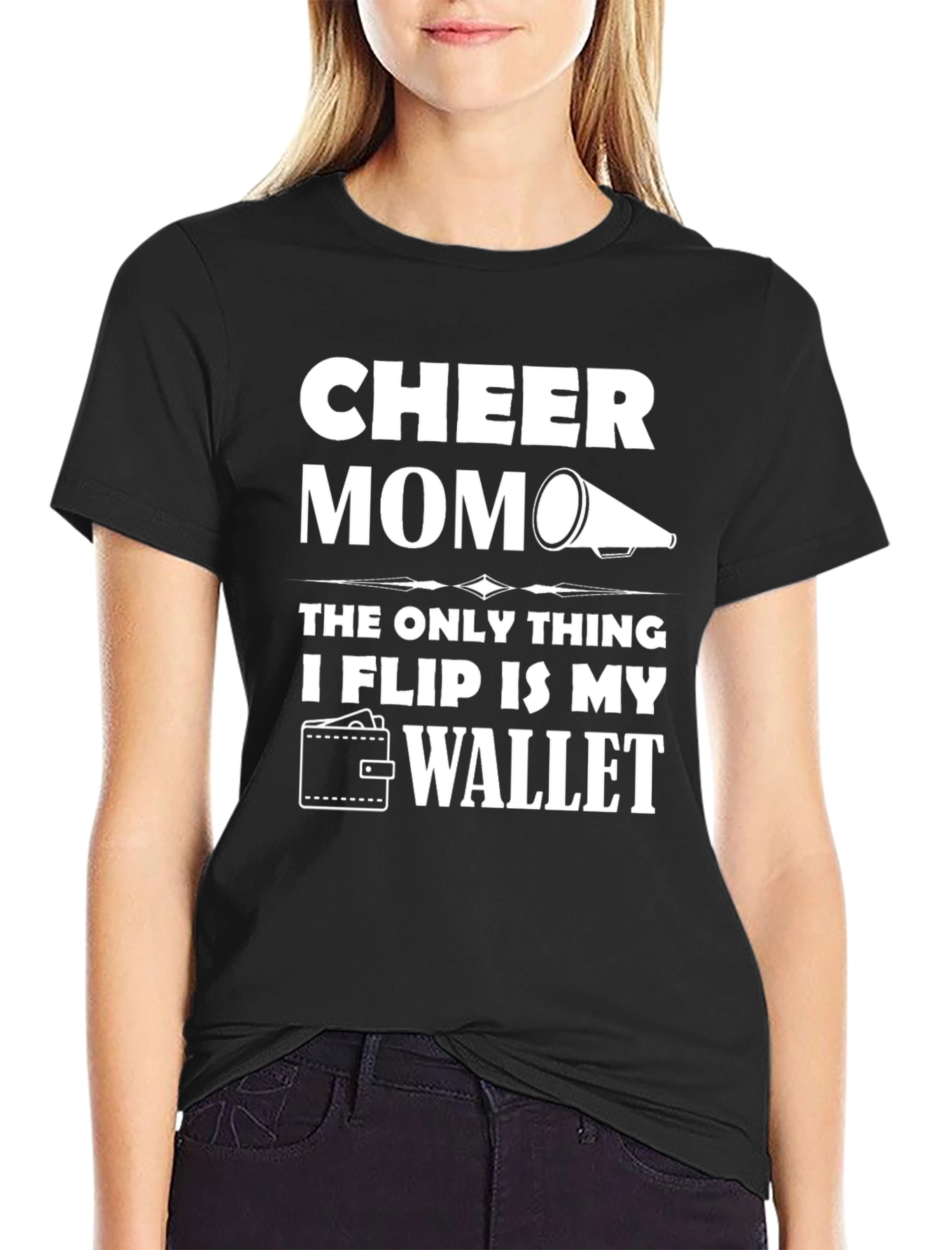 Black Cheer Mom T-Shirt: The Only Thing I Flip Is My Wallet view 2