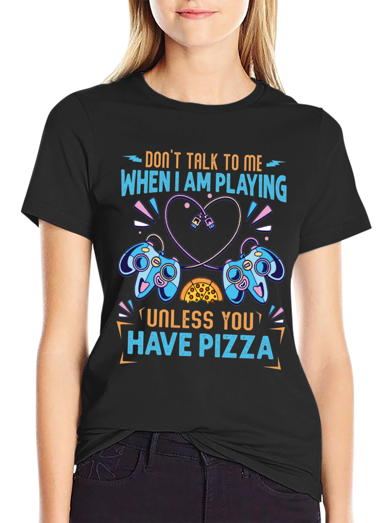 Black Gamer T-Shirt - Don't Talk To Me Unless You Have Pizza view 2