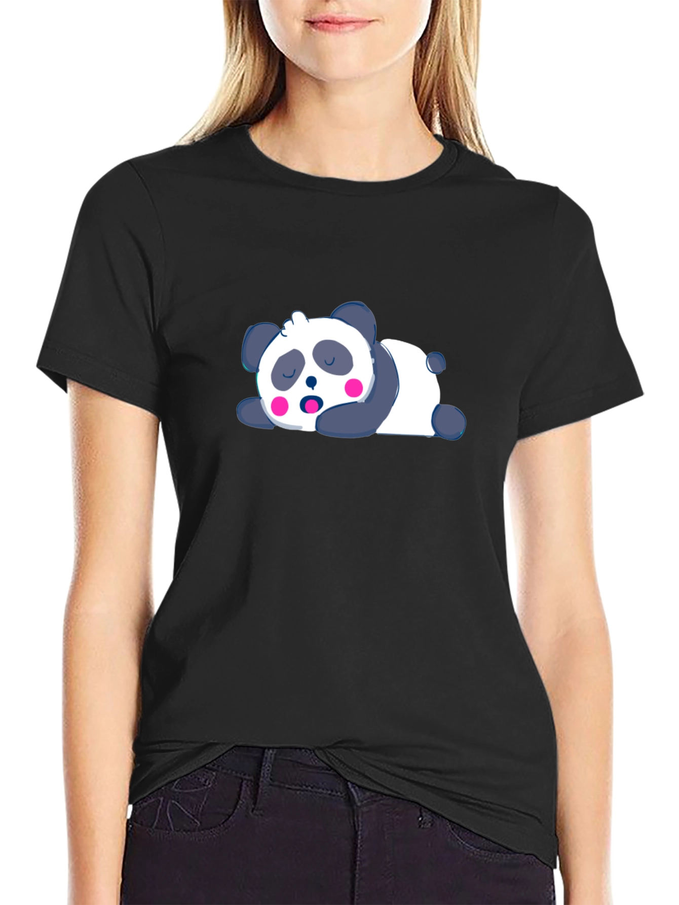 Black Cute Sleeping Panda Black T-Shirt view 2