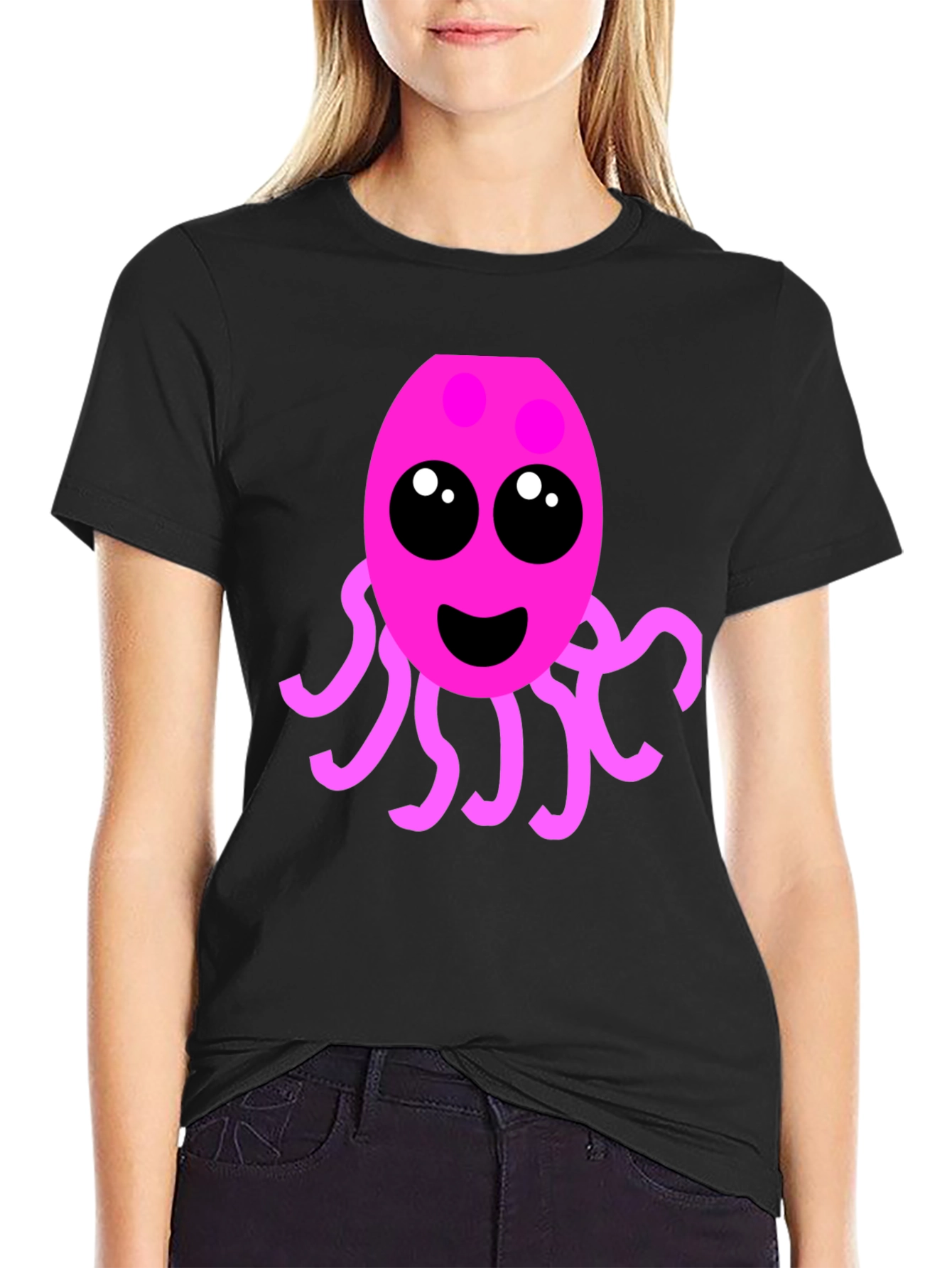 Black Cute Pink Octopus Graphic Tee - Men's Black T-Shirt view 2
