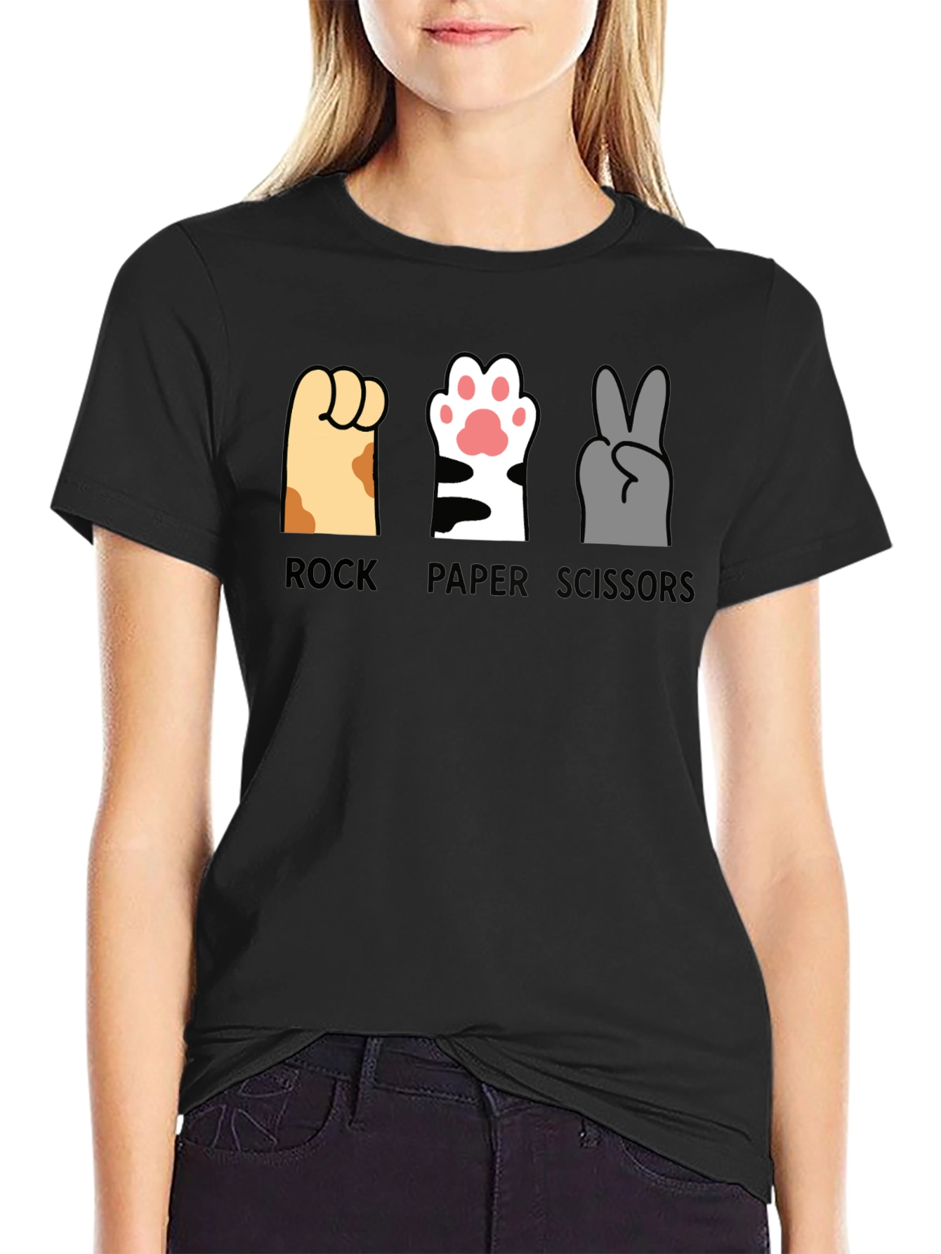 Black Rock Paper Scissors Cat Paws T-Shirt view 2