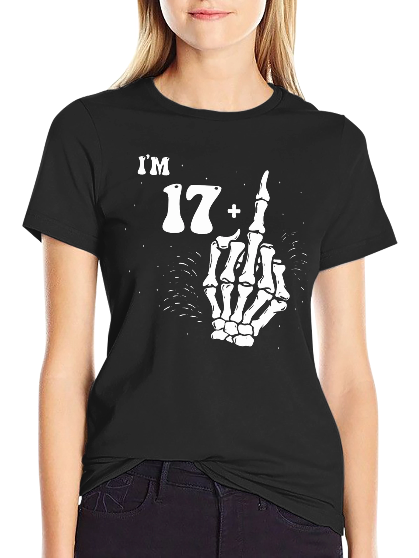 Black I'm 17 Plus 1 T-Shirt with Skeleton Middle Finger Graphic view 2