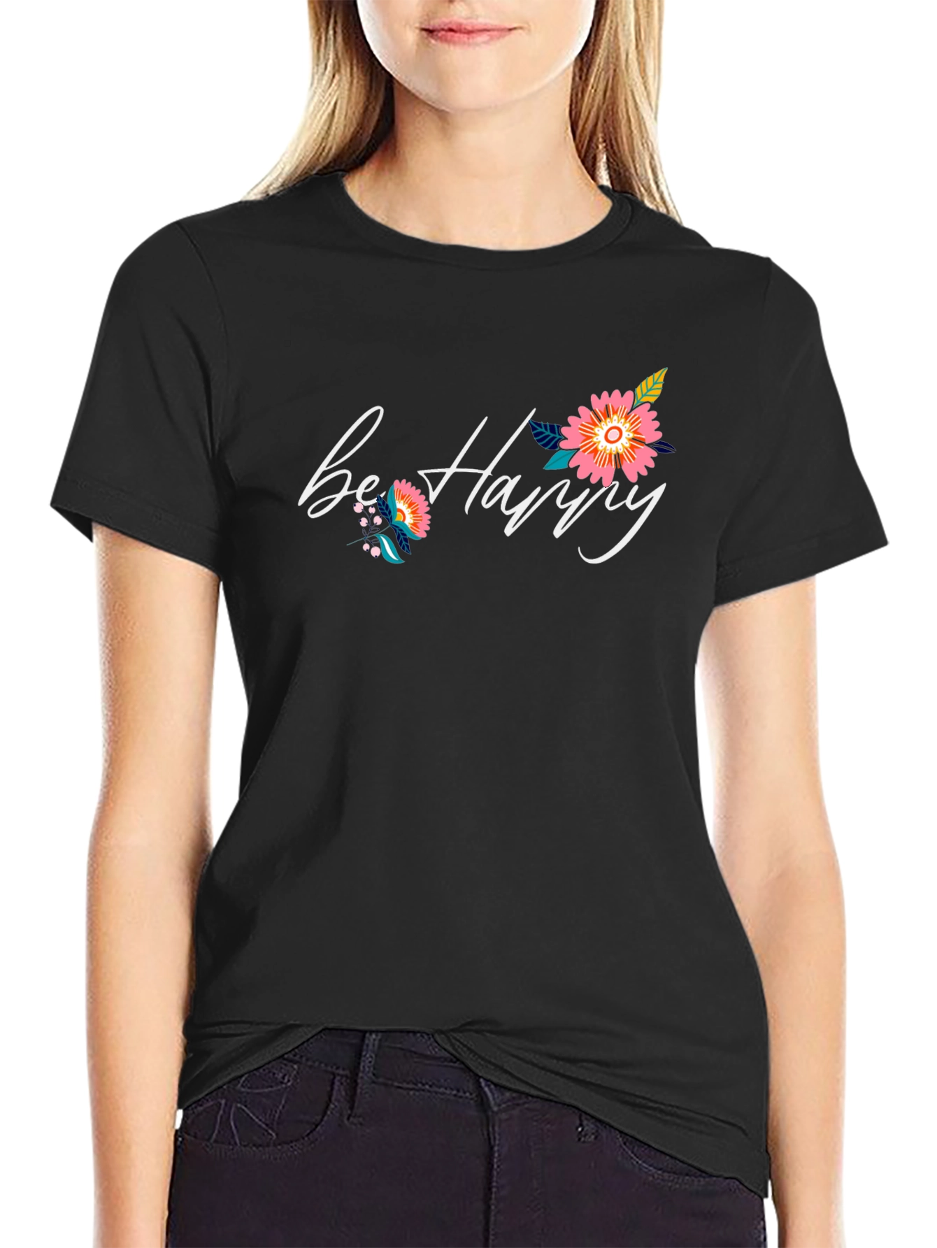 Black Be Happy Floral Graphic Black T-Shirt view 2