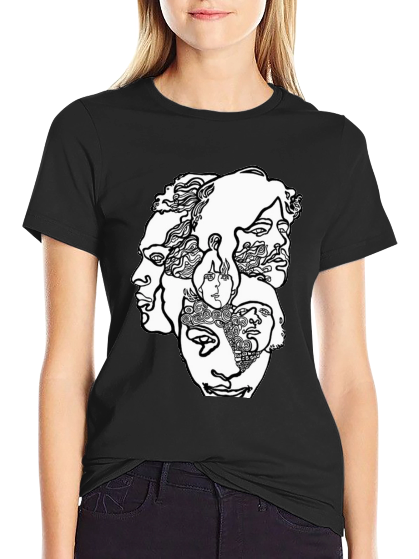 Black Abstract Faces Graphic T-Shirt - Unisex Crew Neck view 2