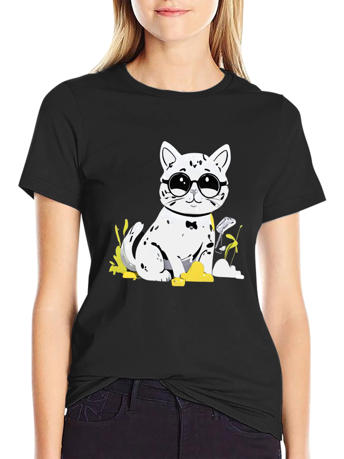 Black Cat with Glasses T-Shirt - Black Cotton Tee view 2