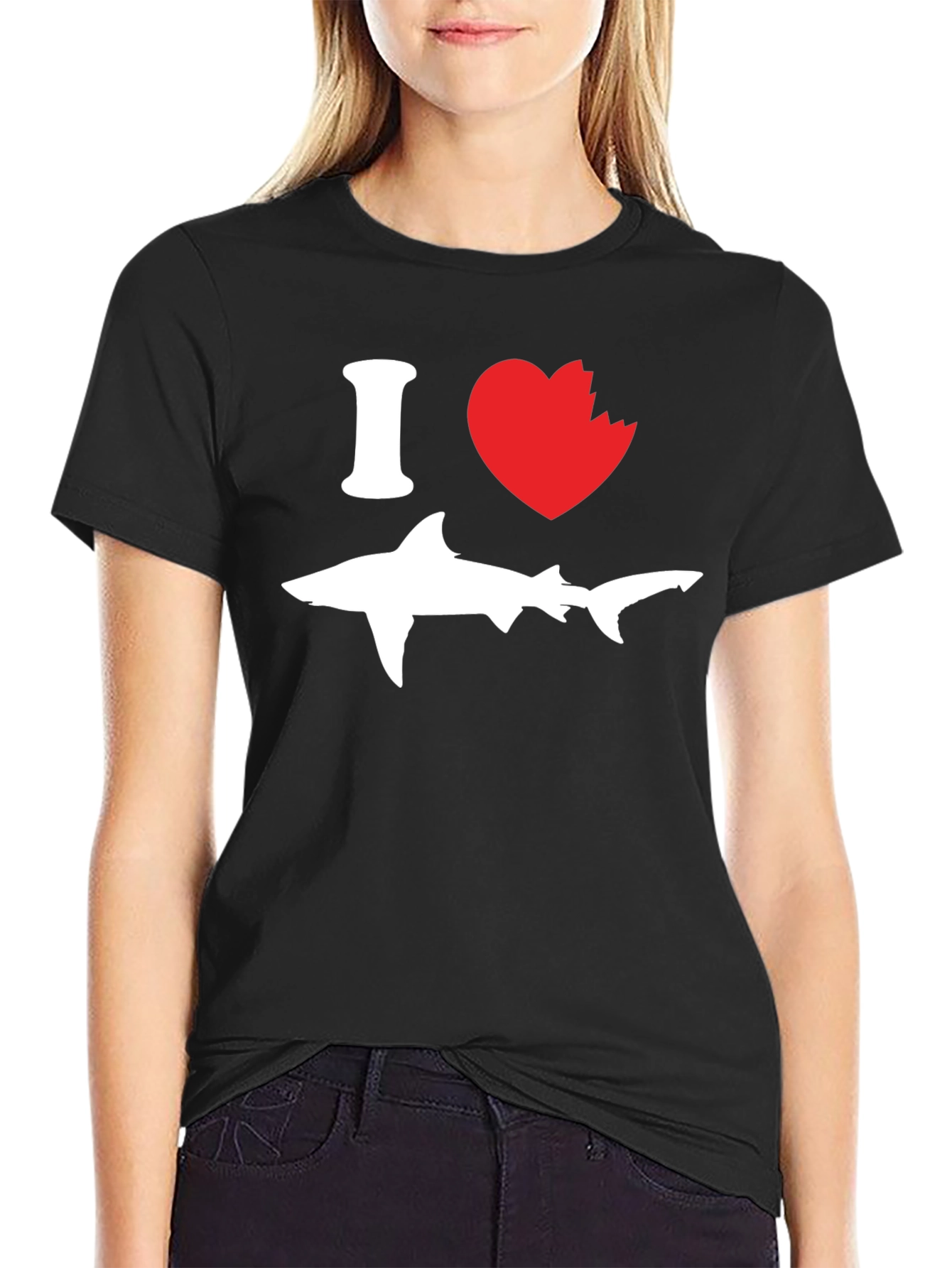 Black I Love Shark T-Shirt - Novelty Graphic Tee view 2