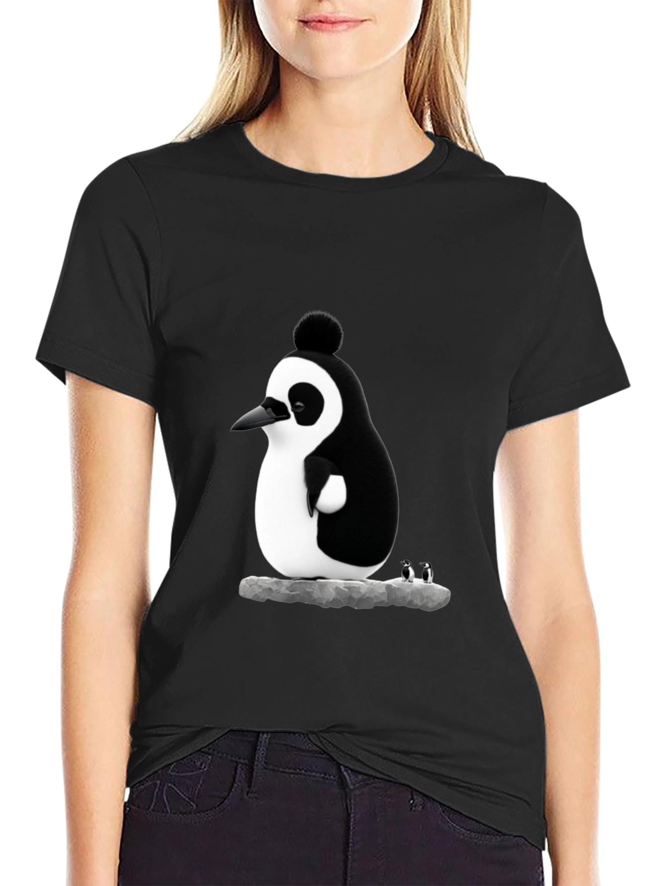 Black Whimsical Penguin Graphic Tee - Black Cotton Blend view 2