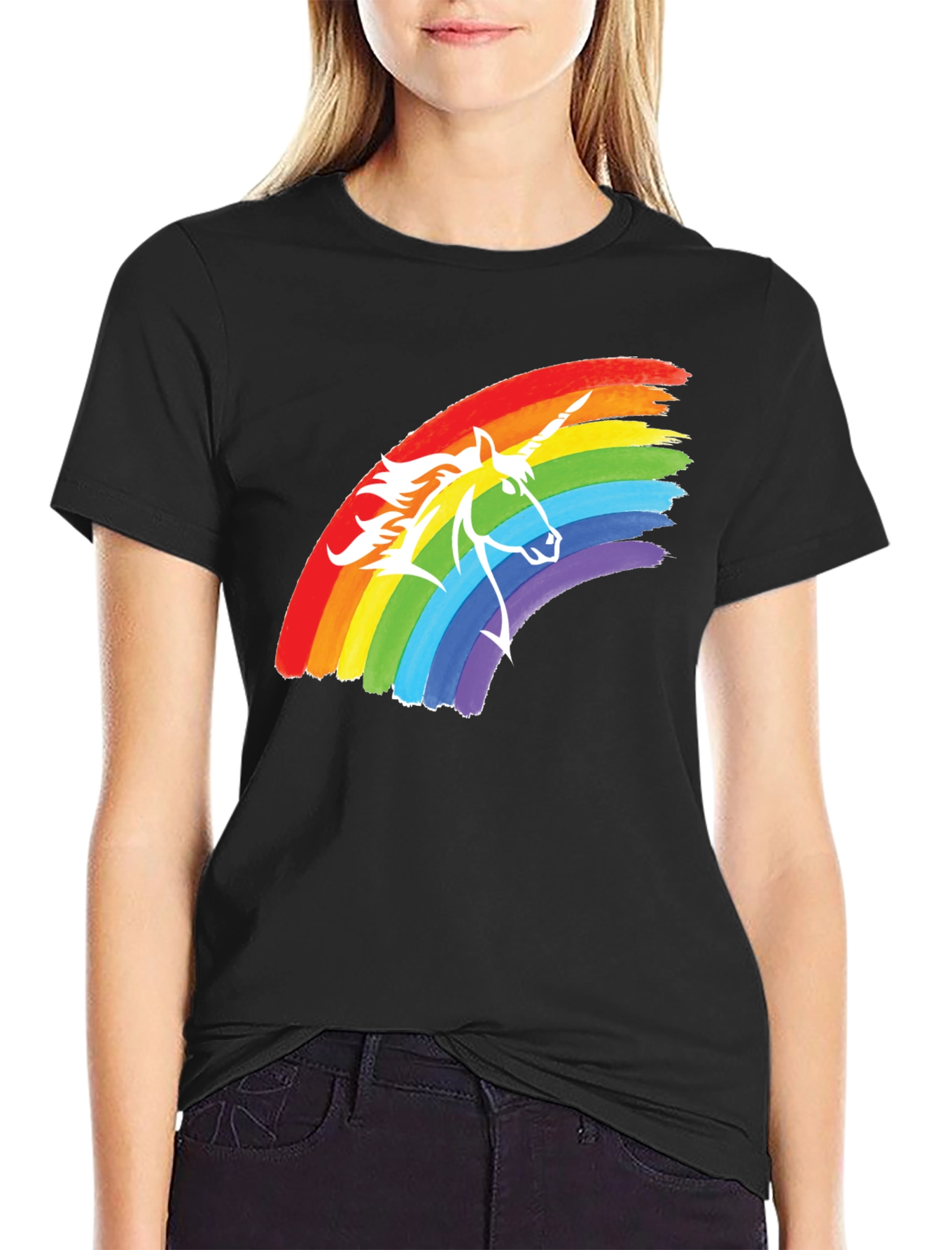 Black Rainbow Unicorn Graphic Tee - Black Cotton T-Shirt view 2