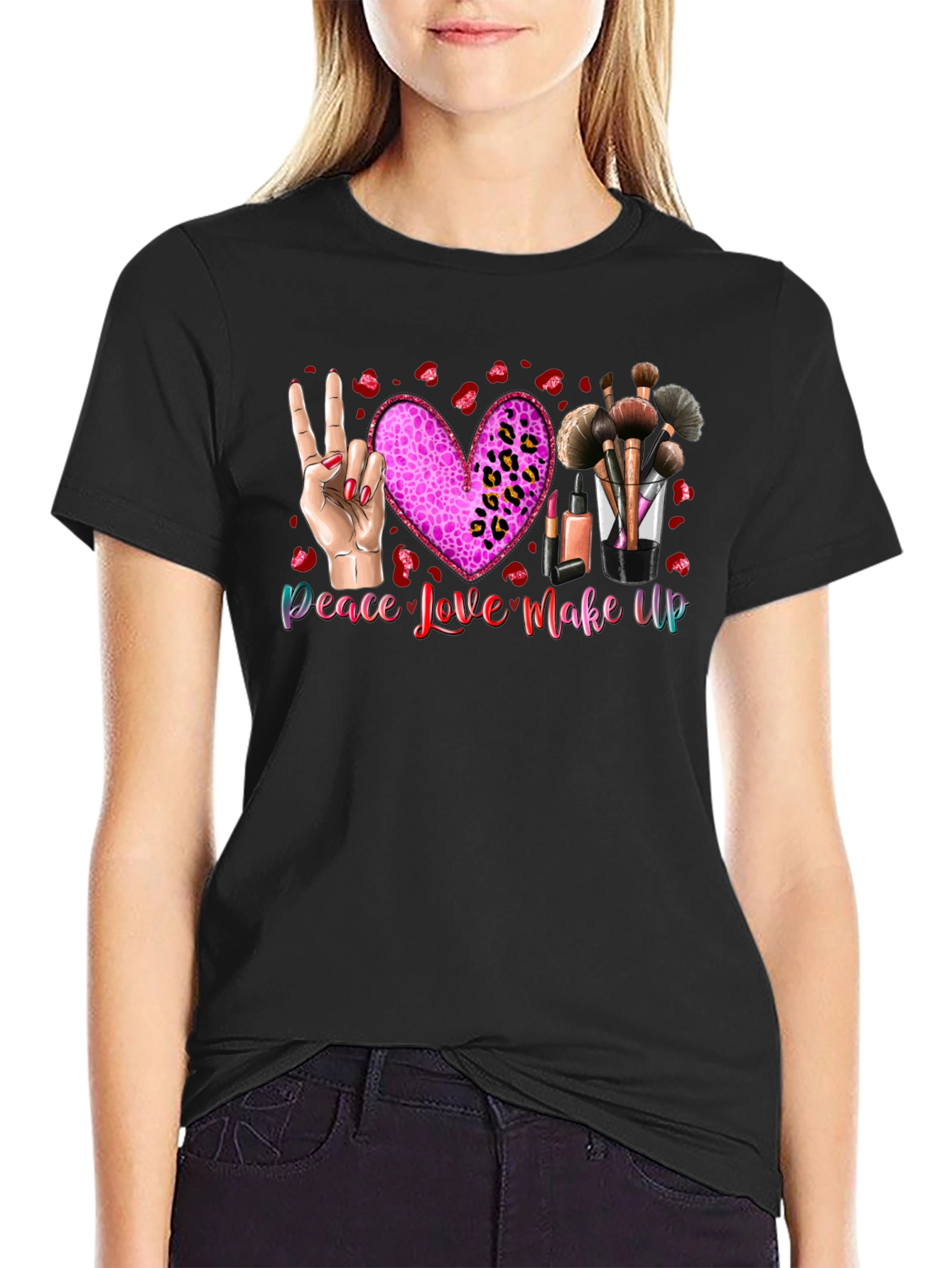 Black Peace Love Makeup T-Shirt, Beauty Graphic Tee view 2