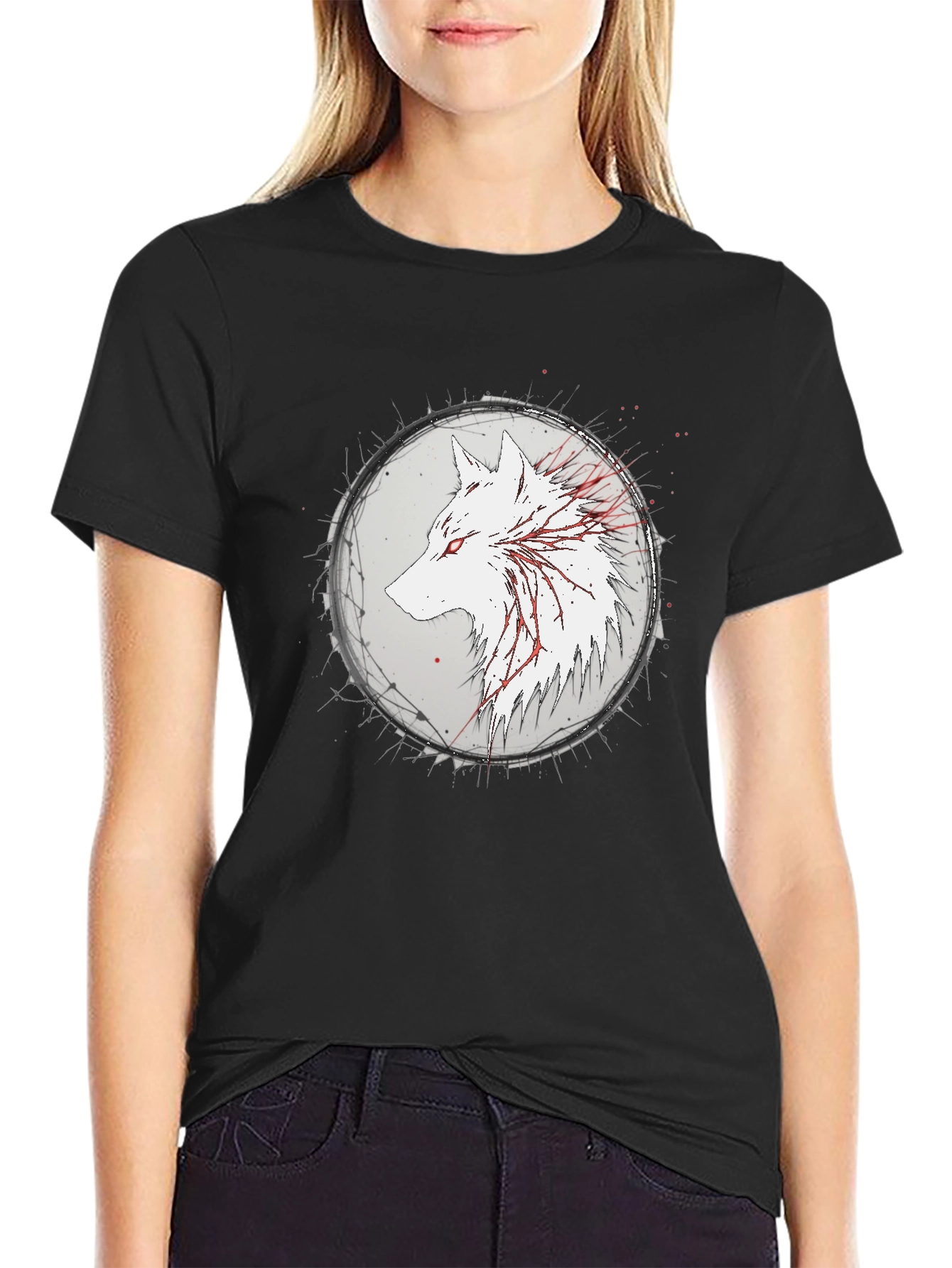Black Wolf Graphic Print Black T-Shirt view 2