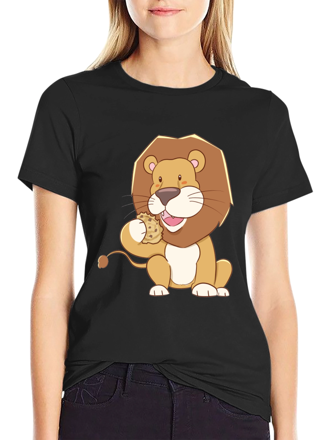 Black Lion Eating Cookie Graphic Tee - Black Cotton Shirt view 2