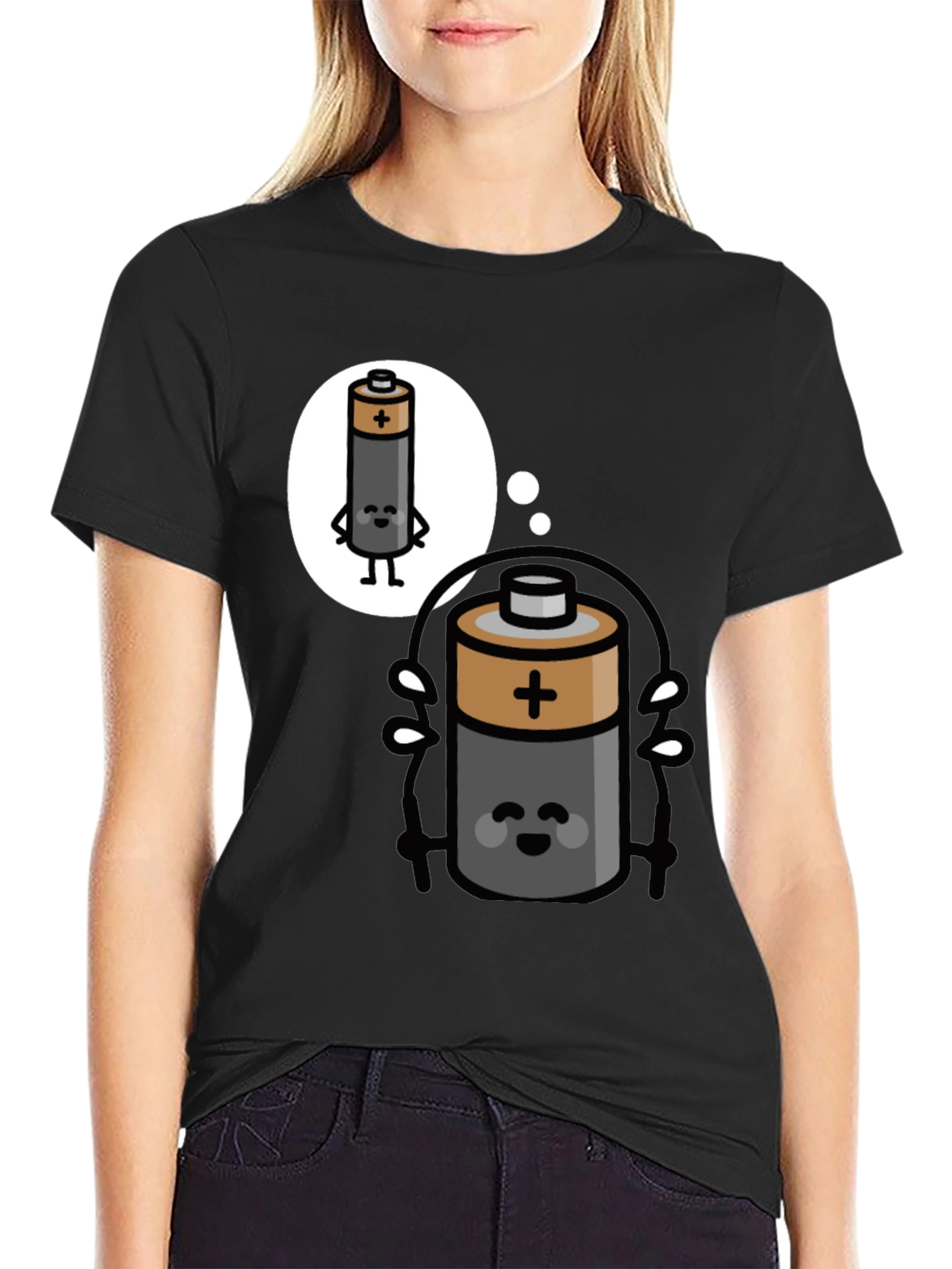 Black Funny Battery Cartoon T-Shirt - Energy Humor Tee view 2