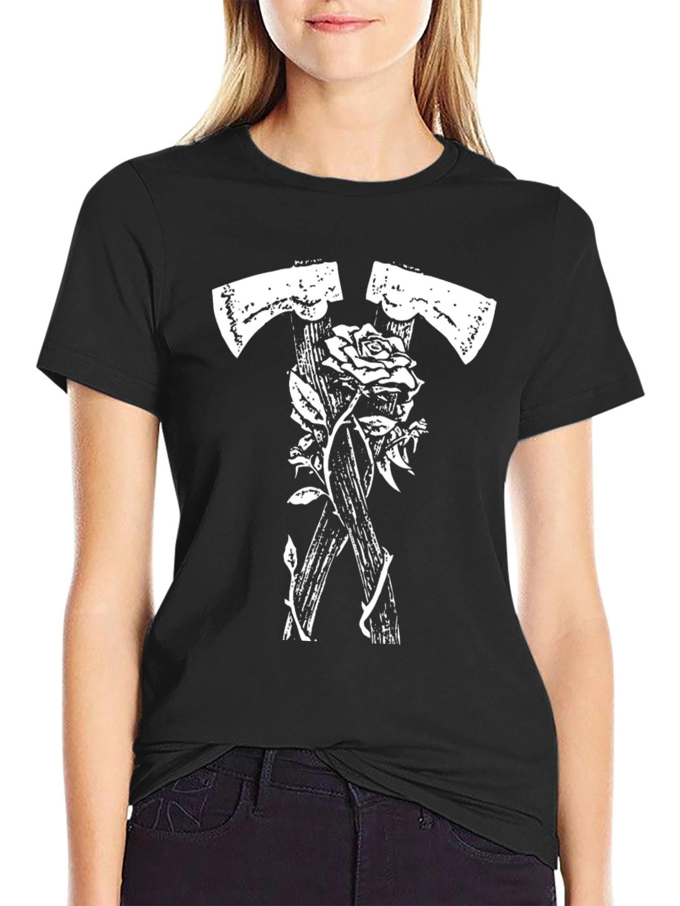 Black Axes and Roses Graphic Tee - Black Cotton T-Shirt view 2