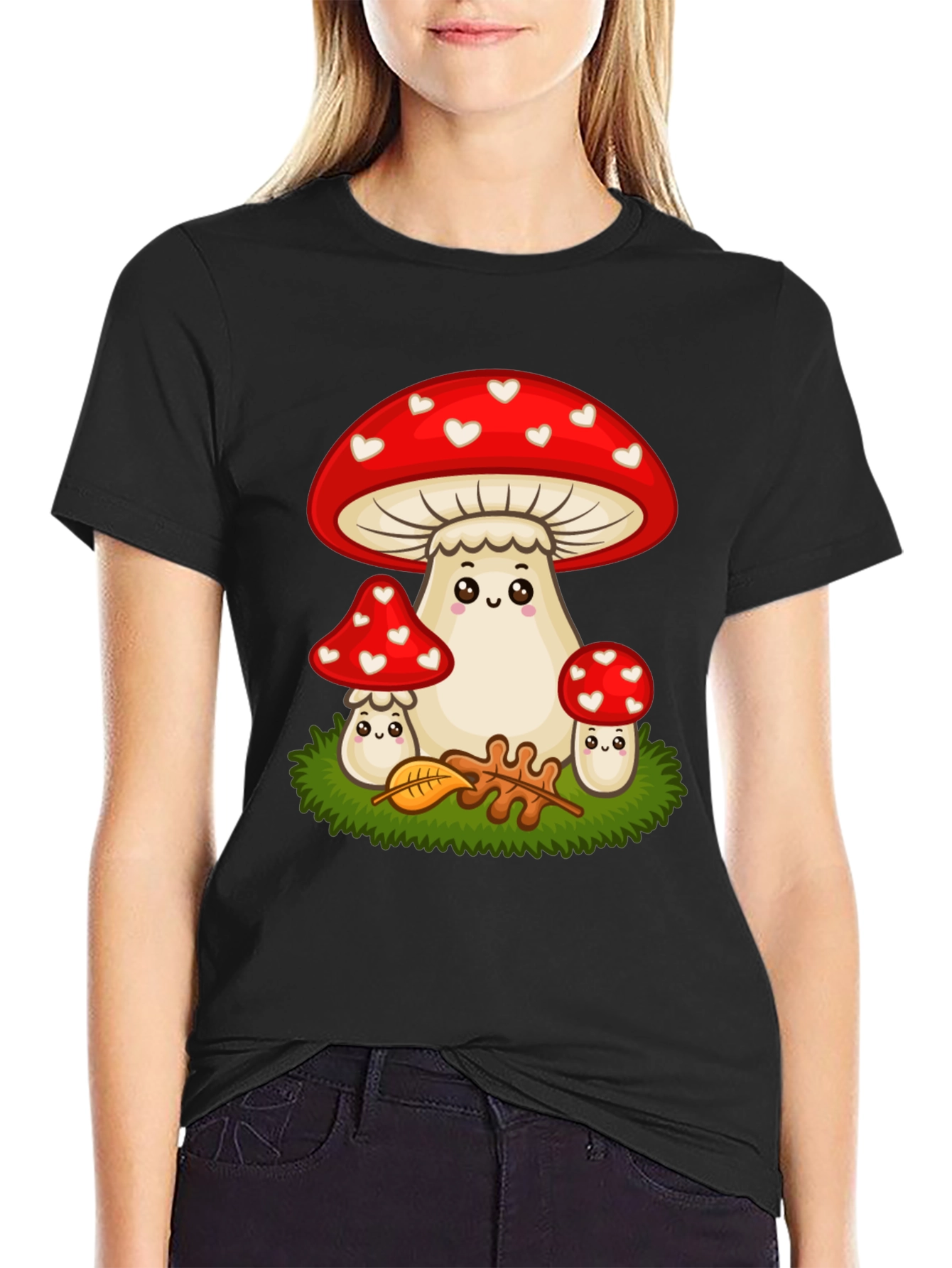 Black Cute Mushroom T-Shirt - Heart Pattern view 2
