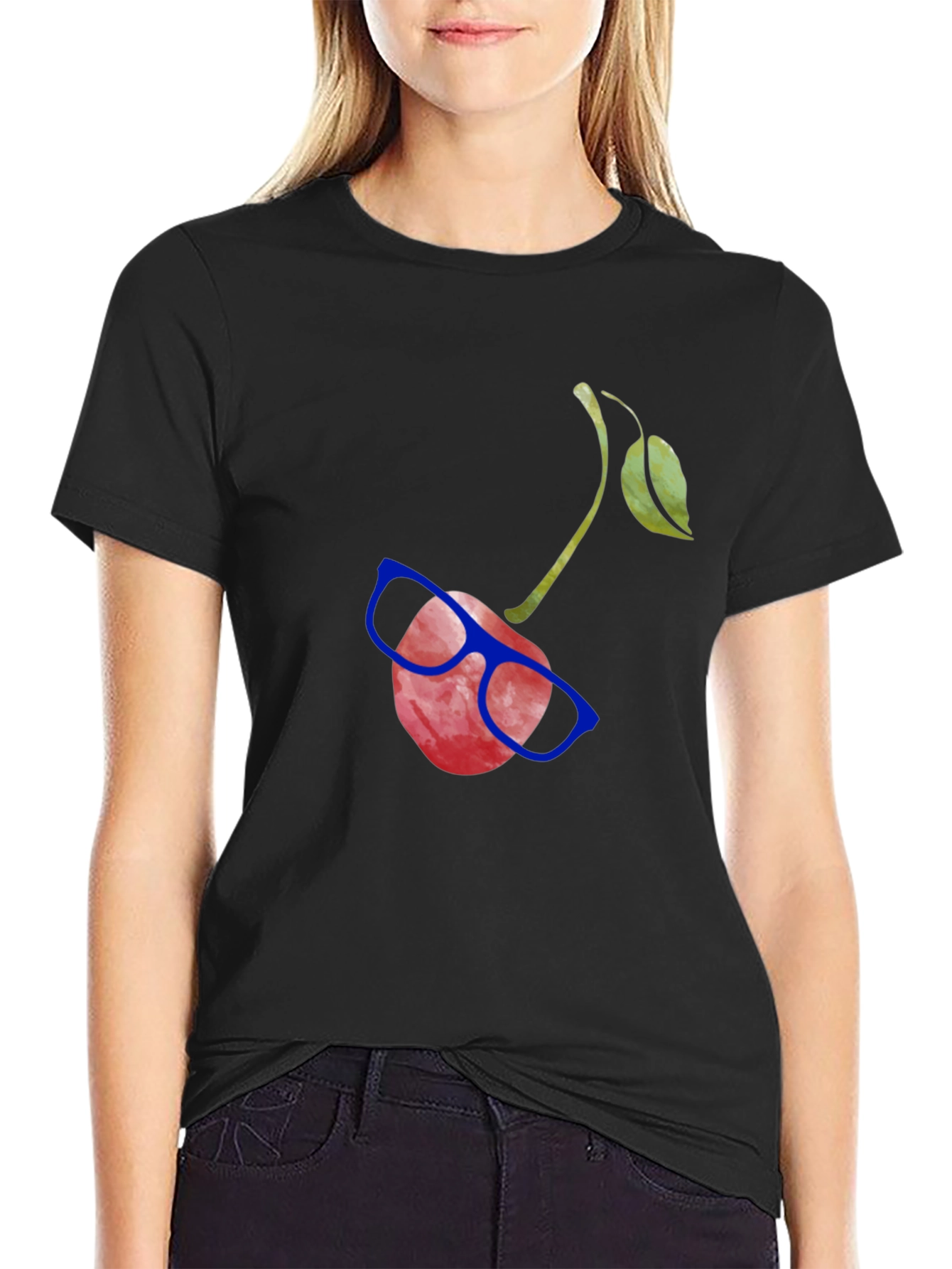 Black Funny Cherry with Glasses Graphic Tee view 2