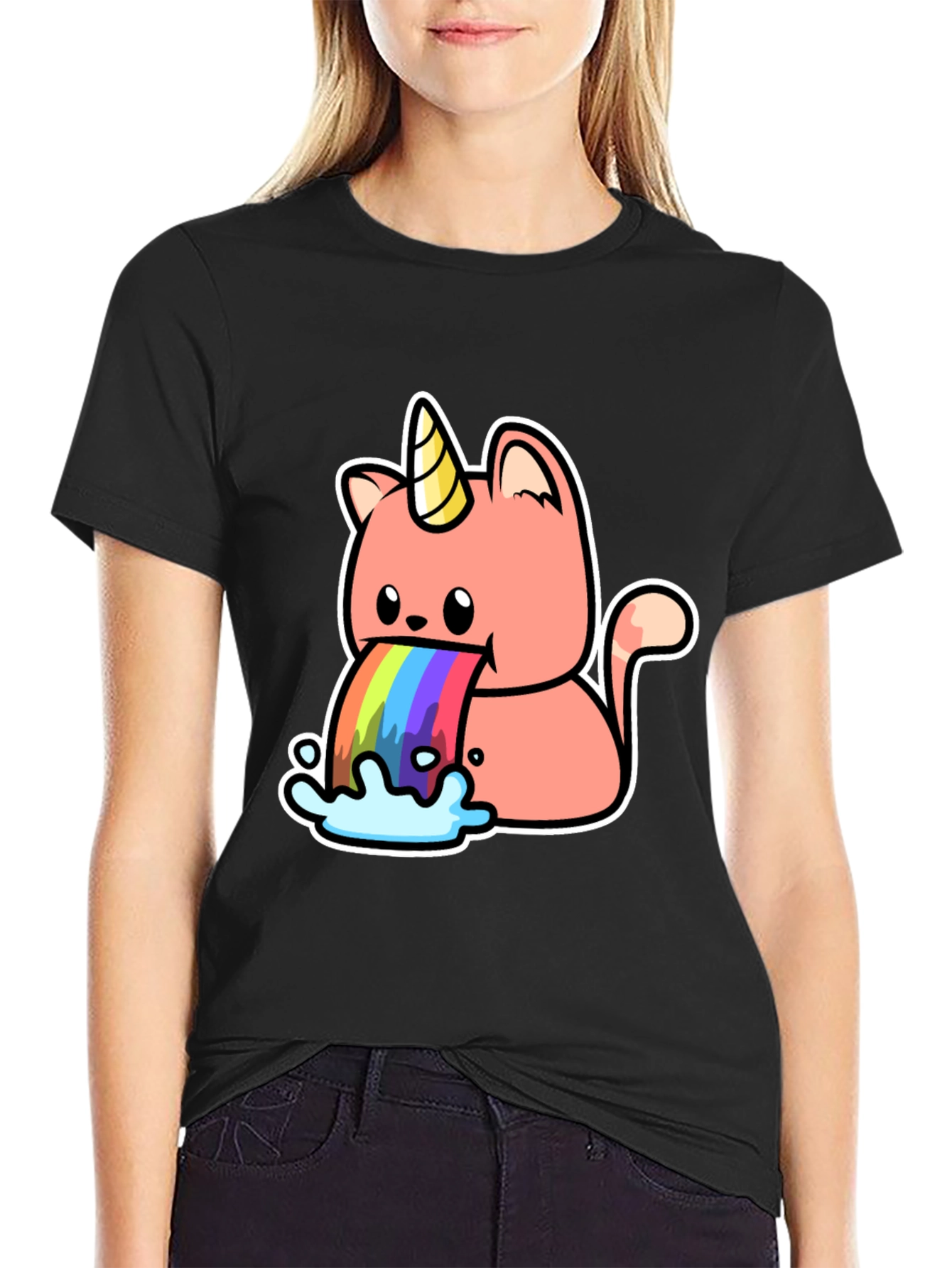 Black Unicorn Cat Rainbow Puke Graphic Tee view 2
